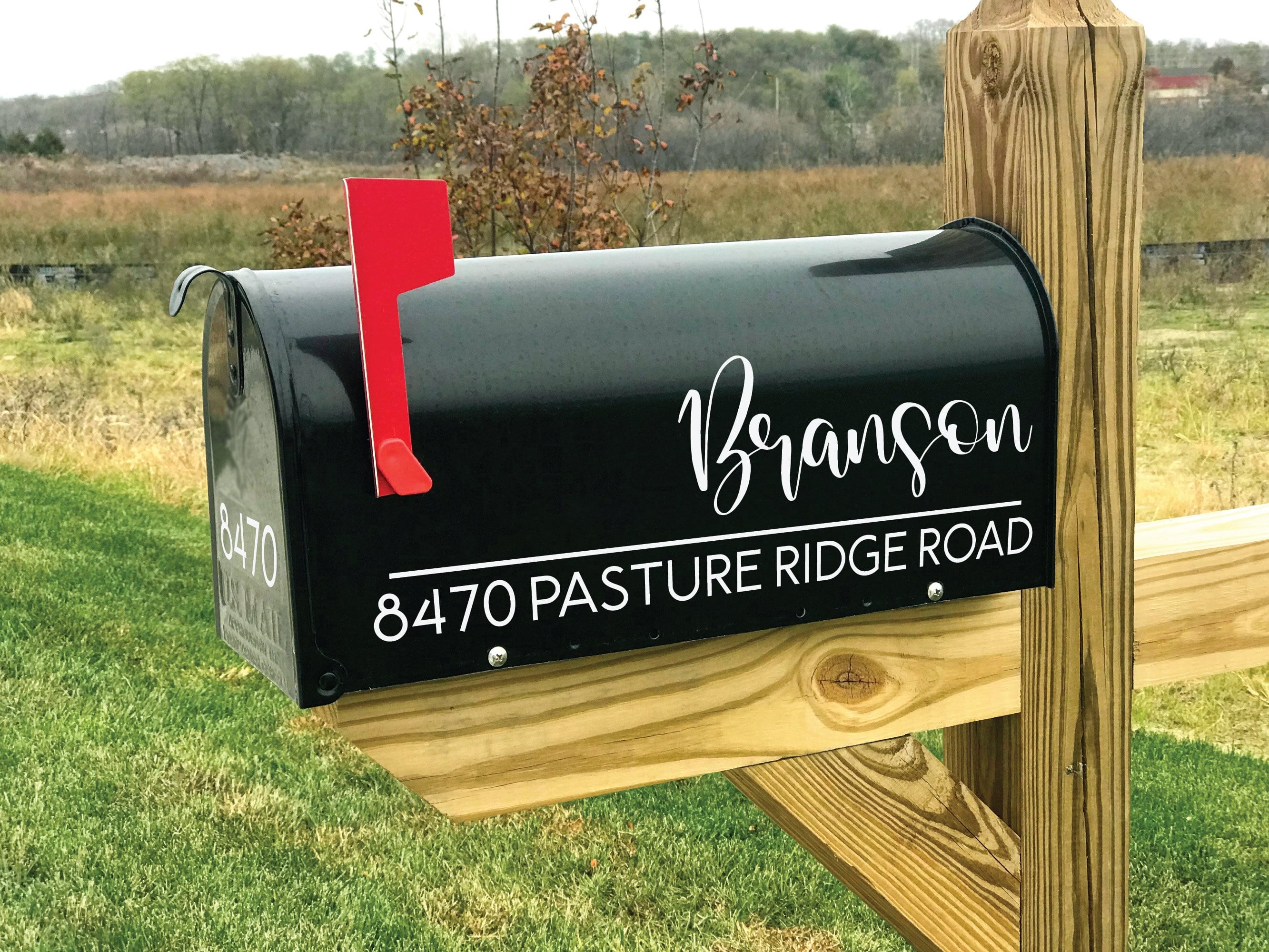 custom name decal on mailbox in white outdoor vinyl
