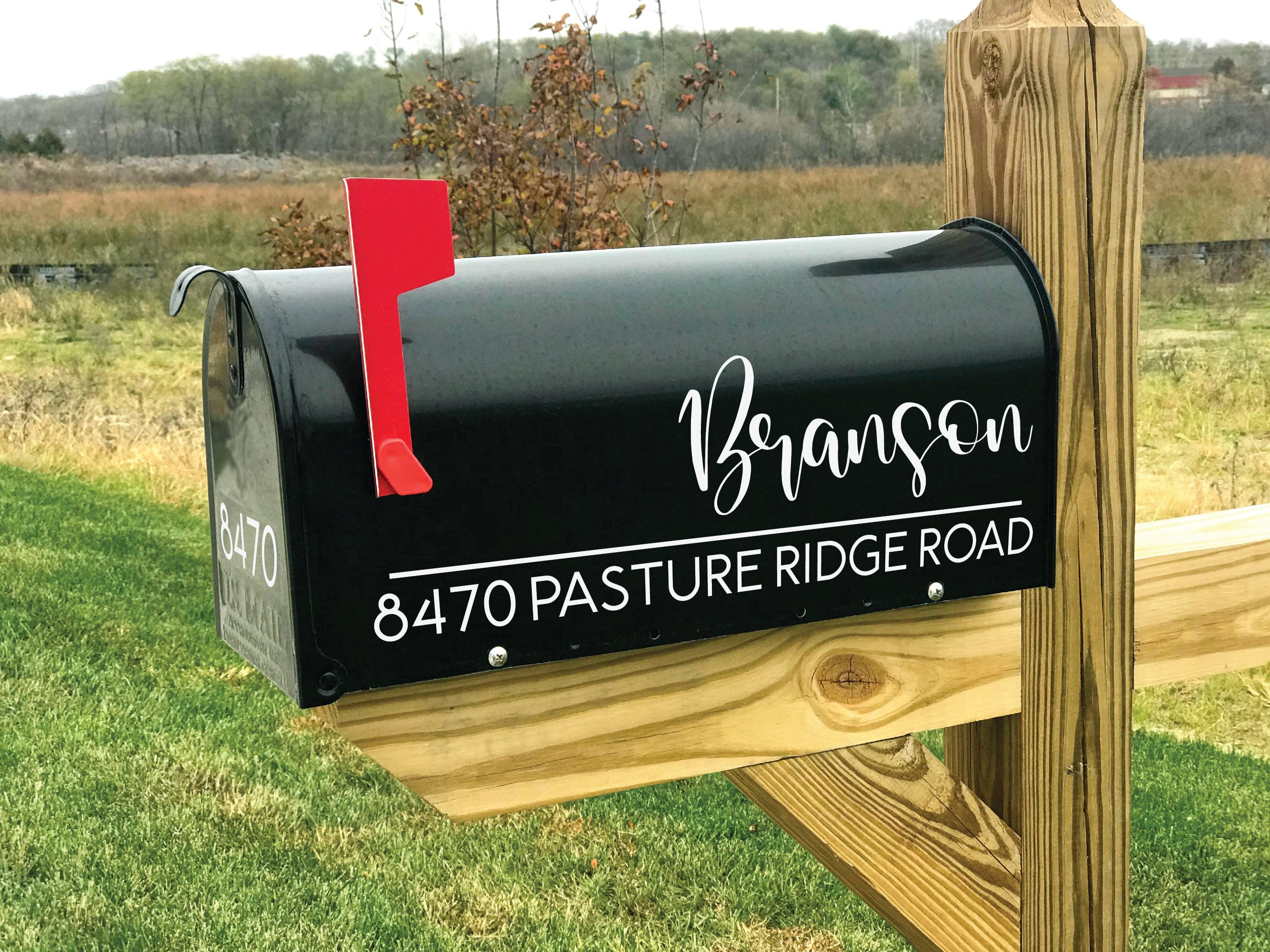 custom name decal on mailbox in white outdoor vinyl