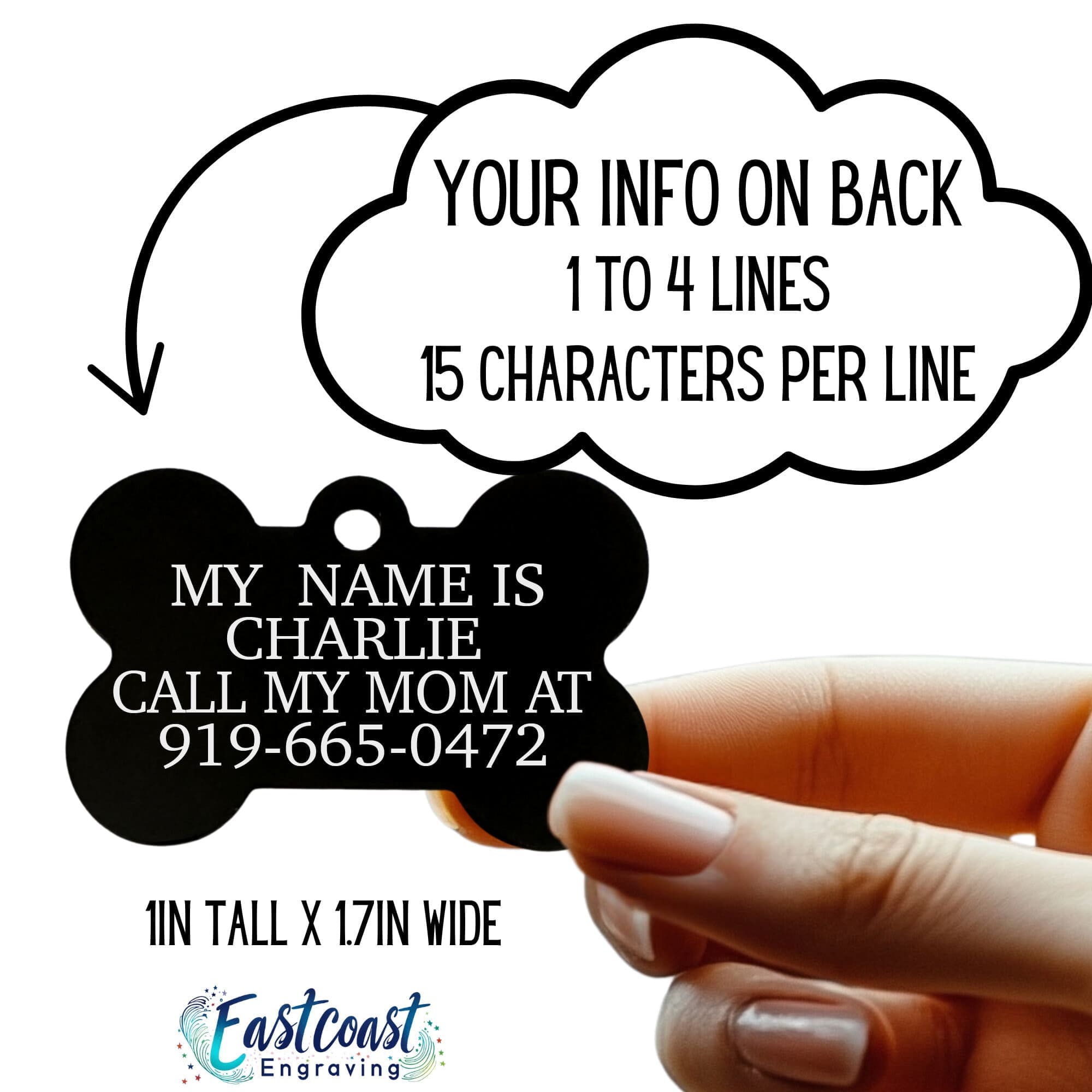 Close-up of personalized black dog name tag with phone number on the back