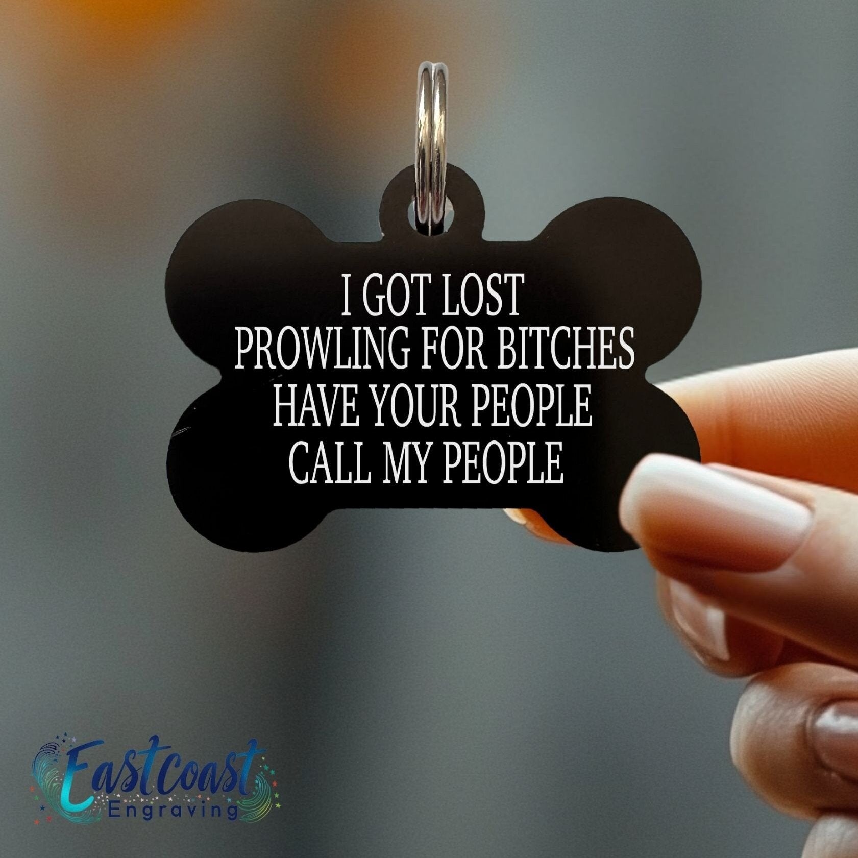 Engraved funny dog tag – personalized pet ID tag in black