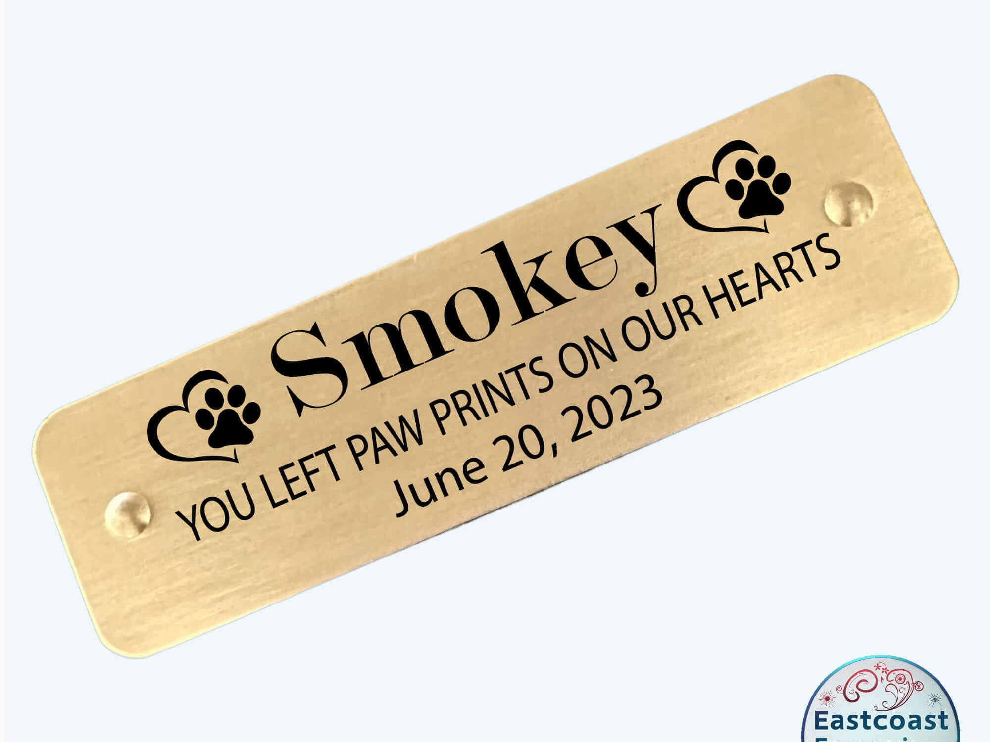 Small engraved pet memorial nameplate, suitable for attaching to urns or keepsakes.