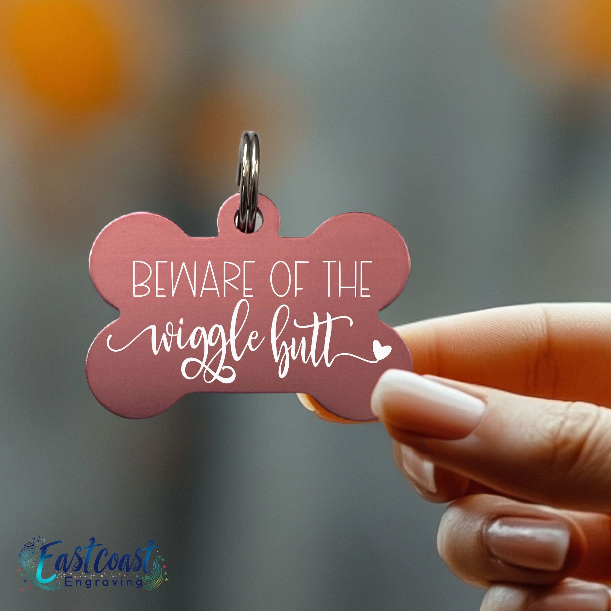 Funny dog collar name tag with Wiggle Butt engraving by Eastcoast Engraving