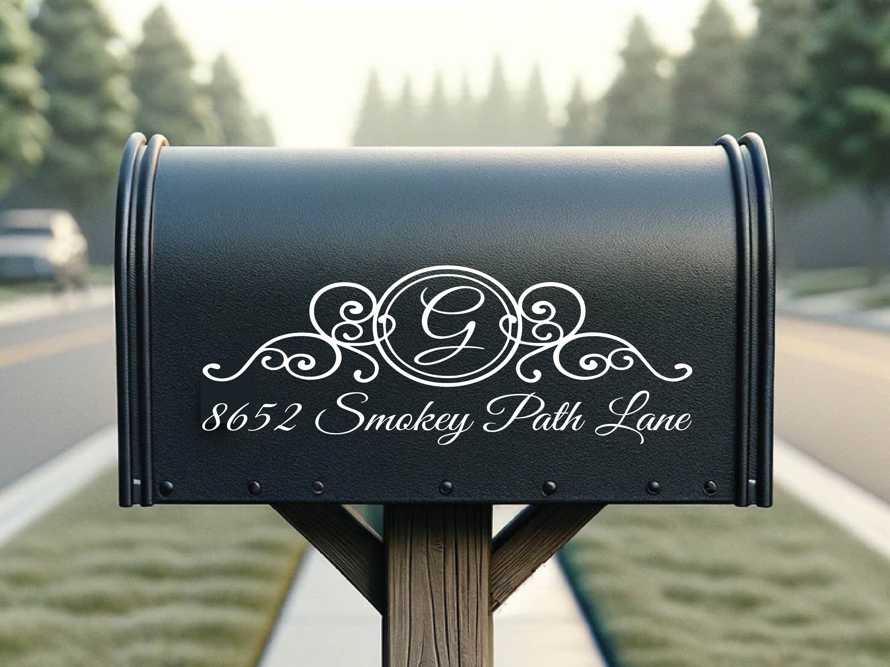 Side view of personalized scroll monogram vinyl decal on residential mailbox