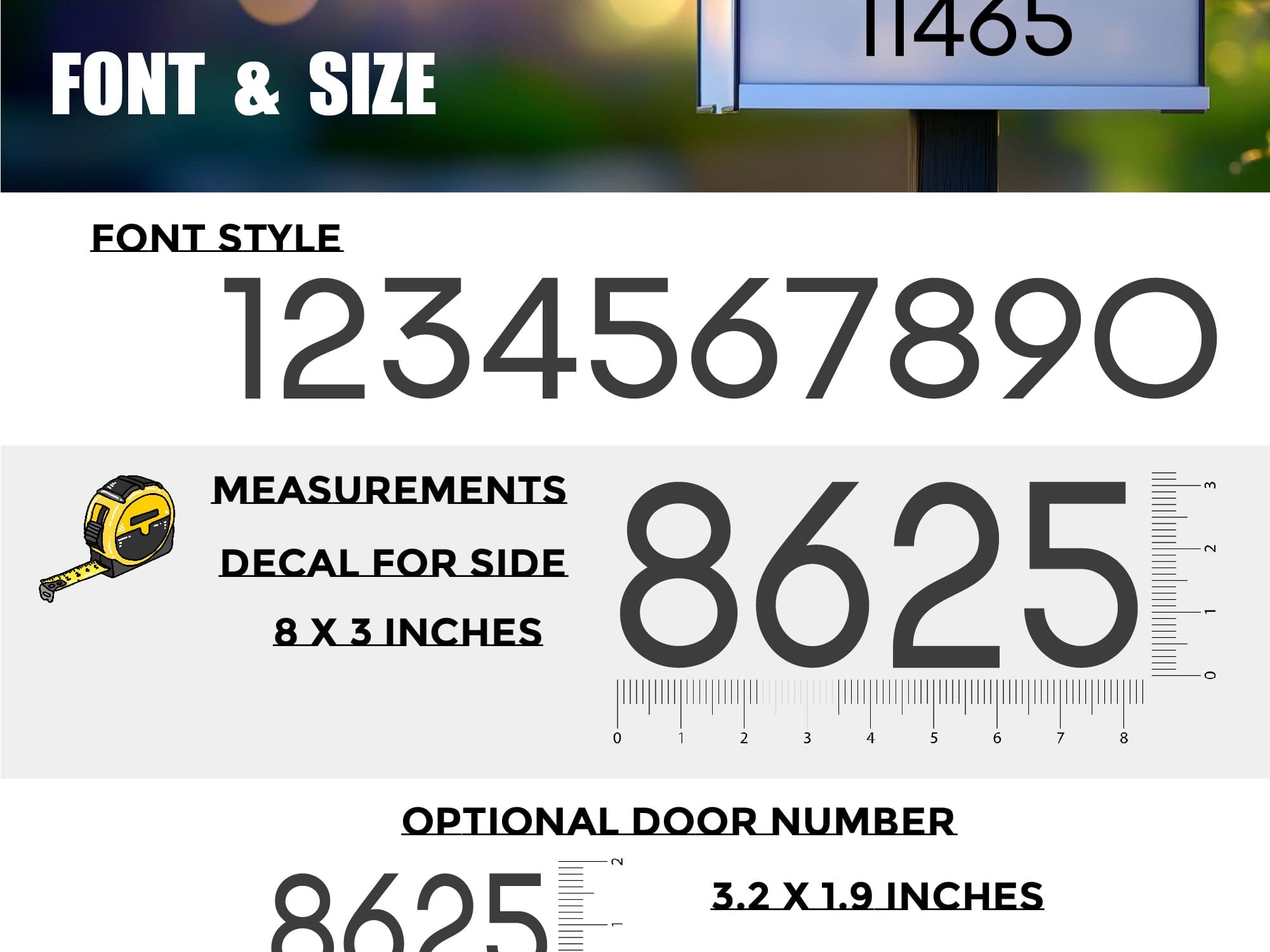 Stylish mailbox numbers with optional door decal