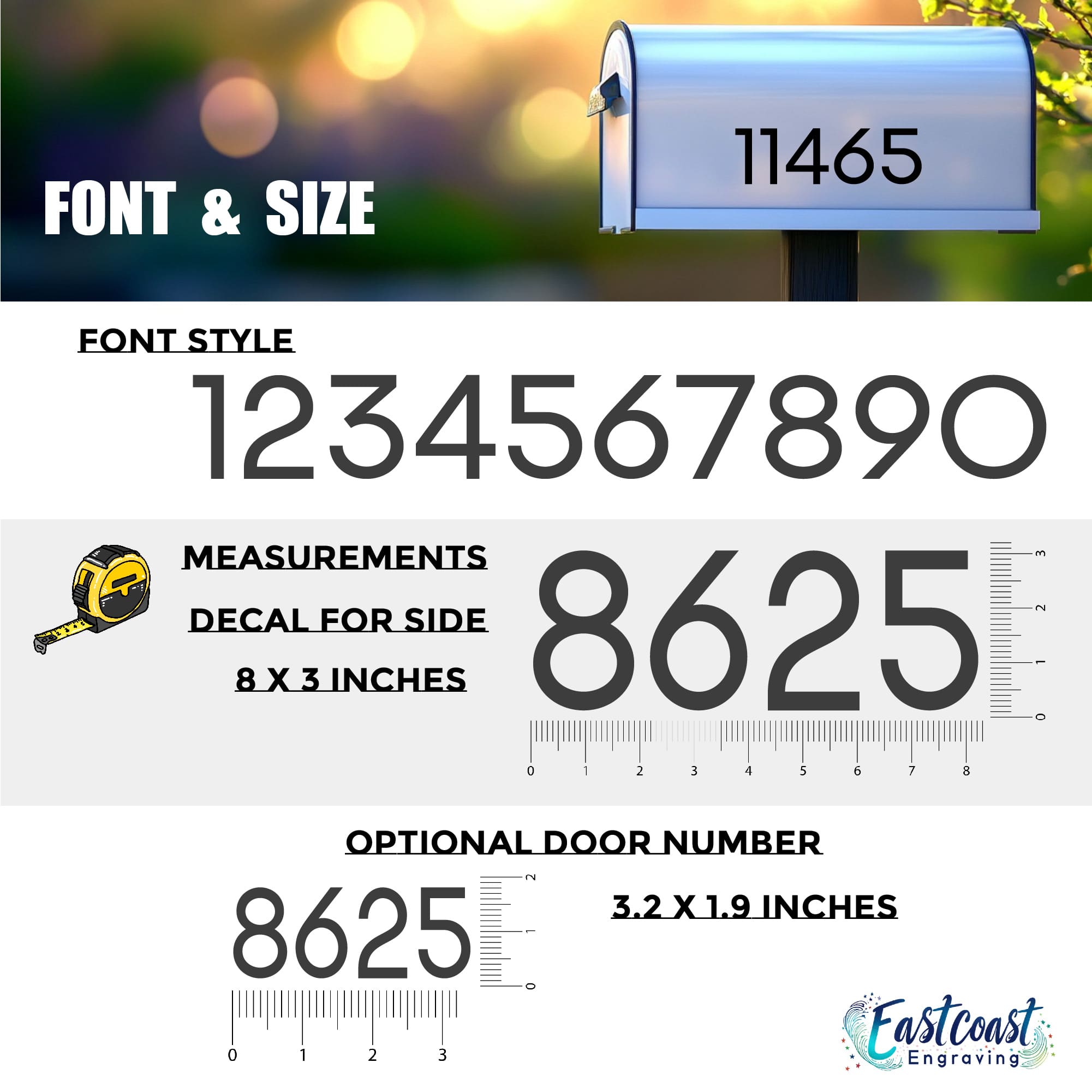 Stylish mailbox numbers with optional door decal