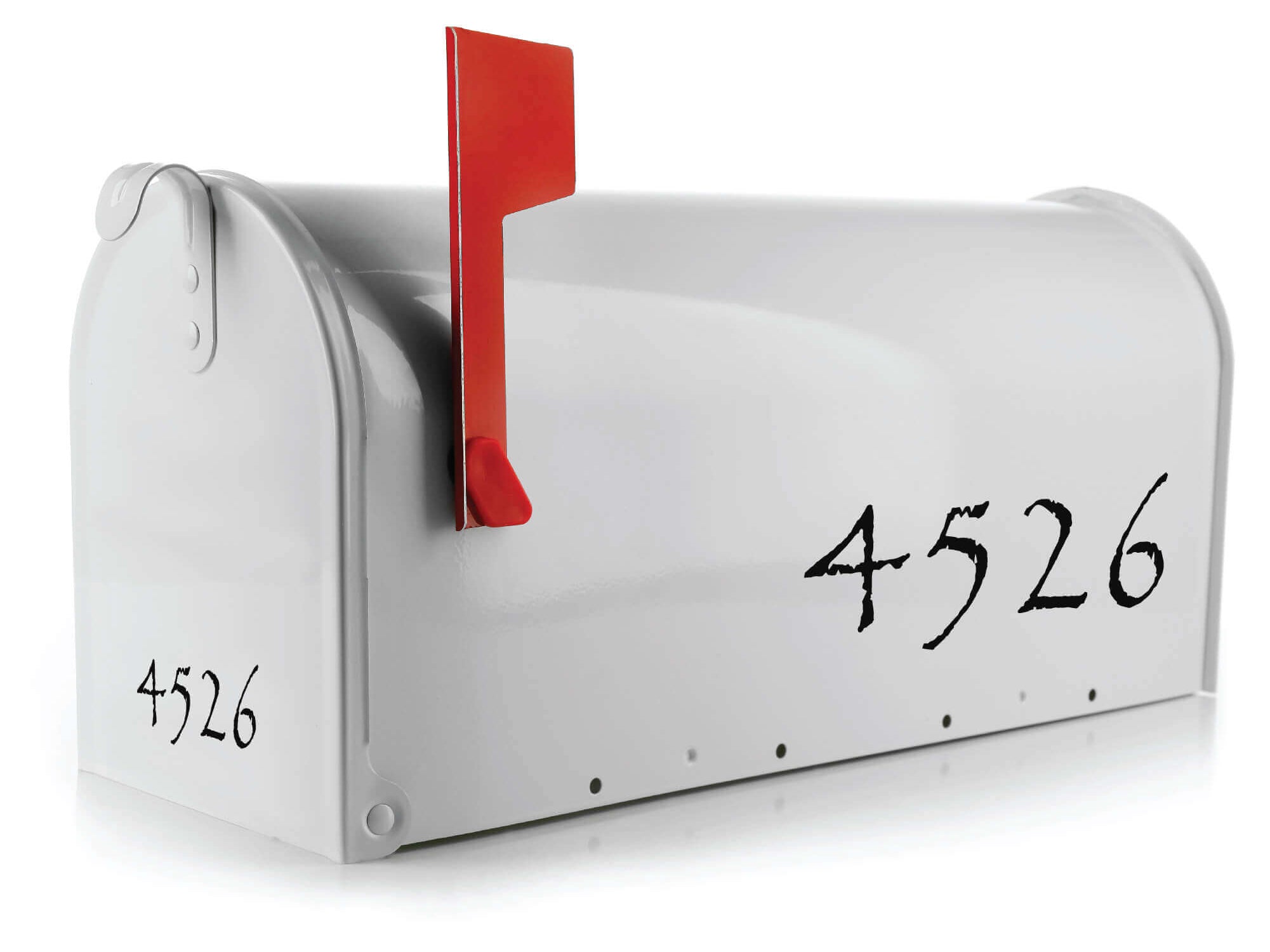 white mailbox featuring USPS-compliant number decals in weatherproof vinyl