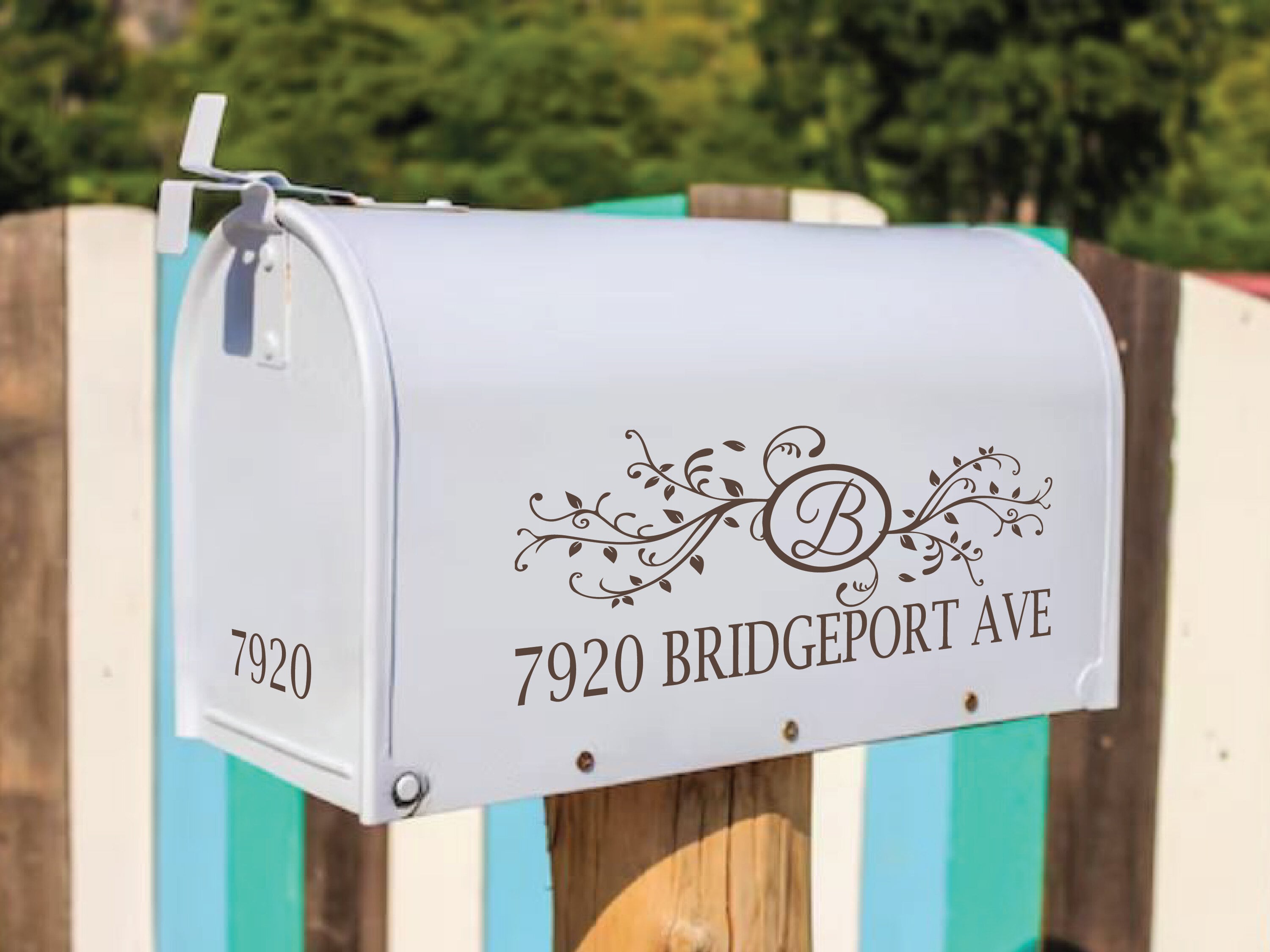 Decorative mailbox lettering decal in white with scroll design and address