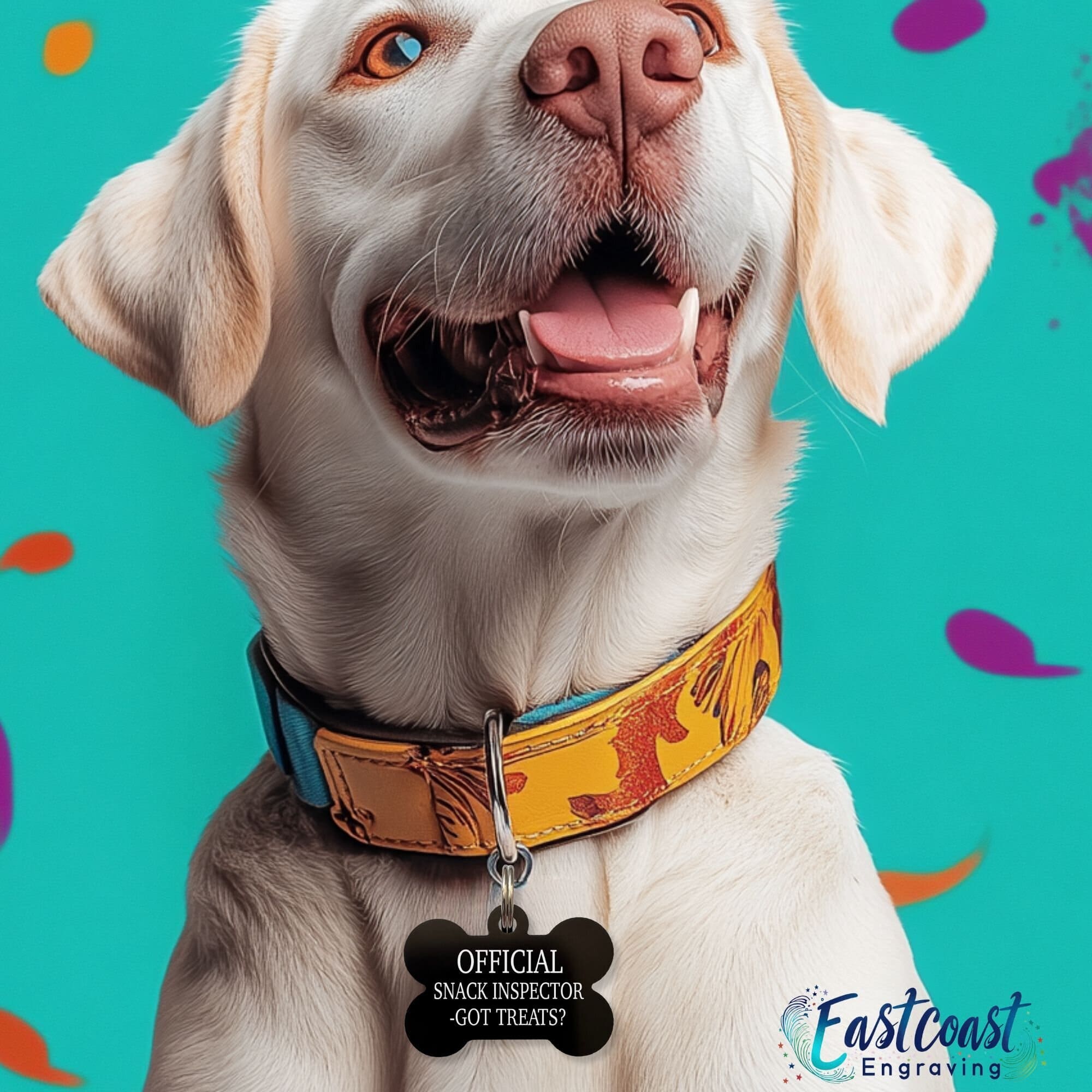 Large dog wearing funny snack inspector dog tag on yellow collar