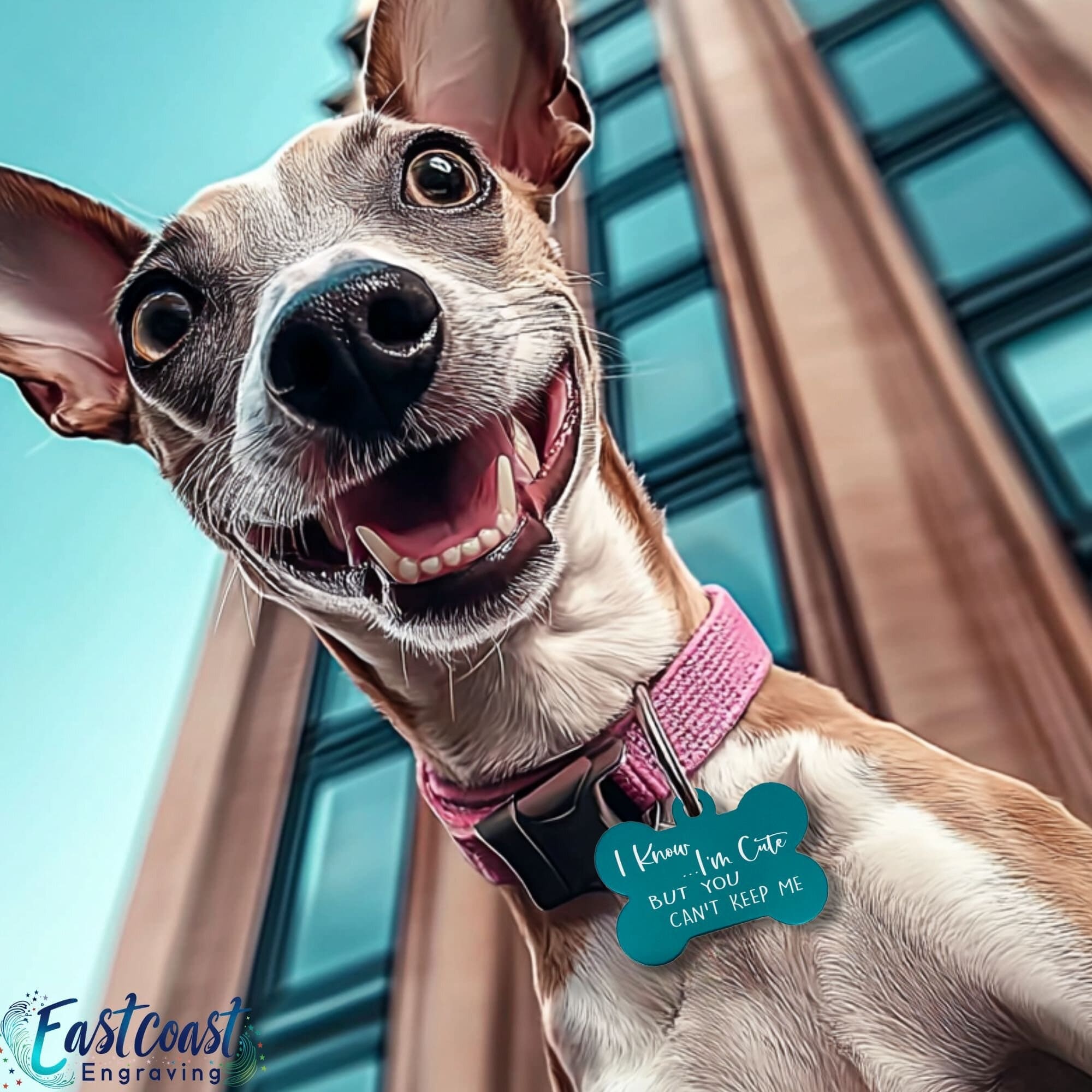 Dog wearing a humorous engraved ID tag with playful personality