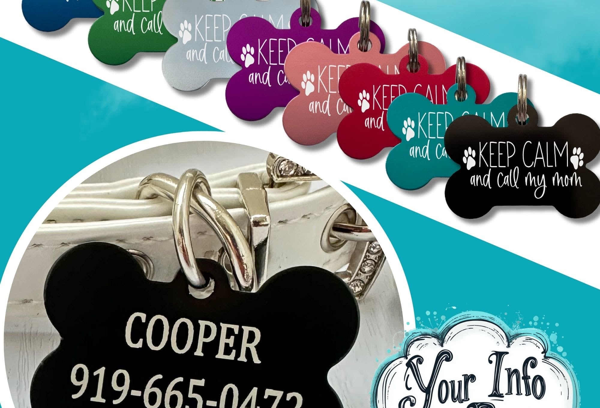 Engraved dog collar tag - Customizable with up to 4 lines of text for contact info