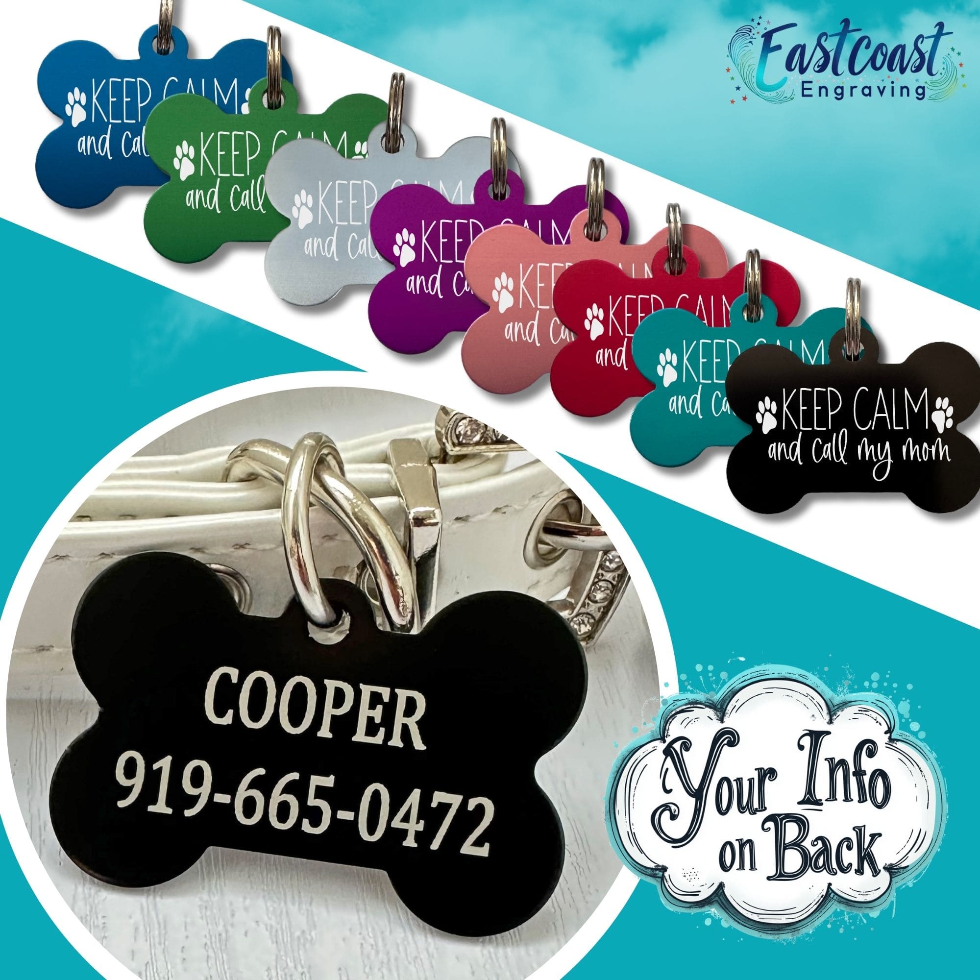 Engraved dog collar tag - Customizable with up to 4 lines of text for contact info