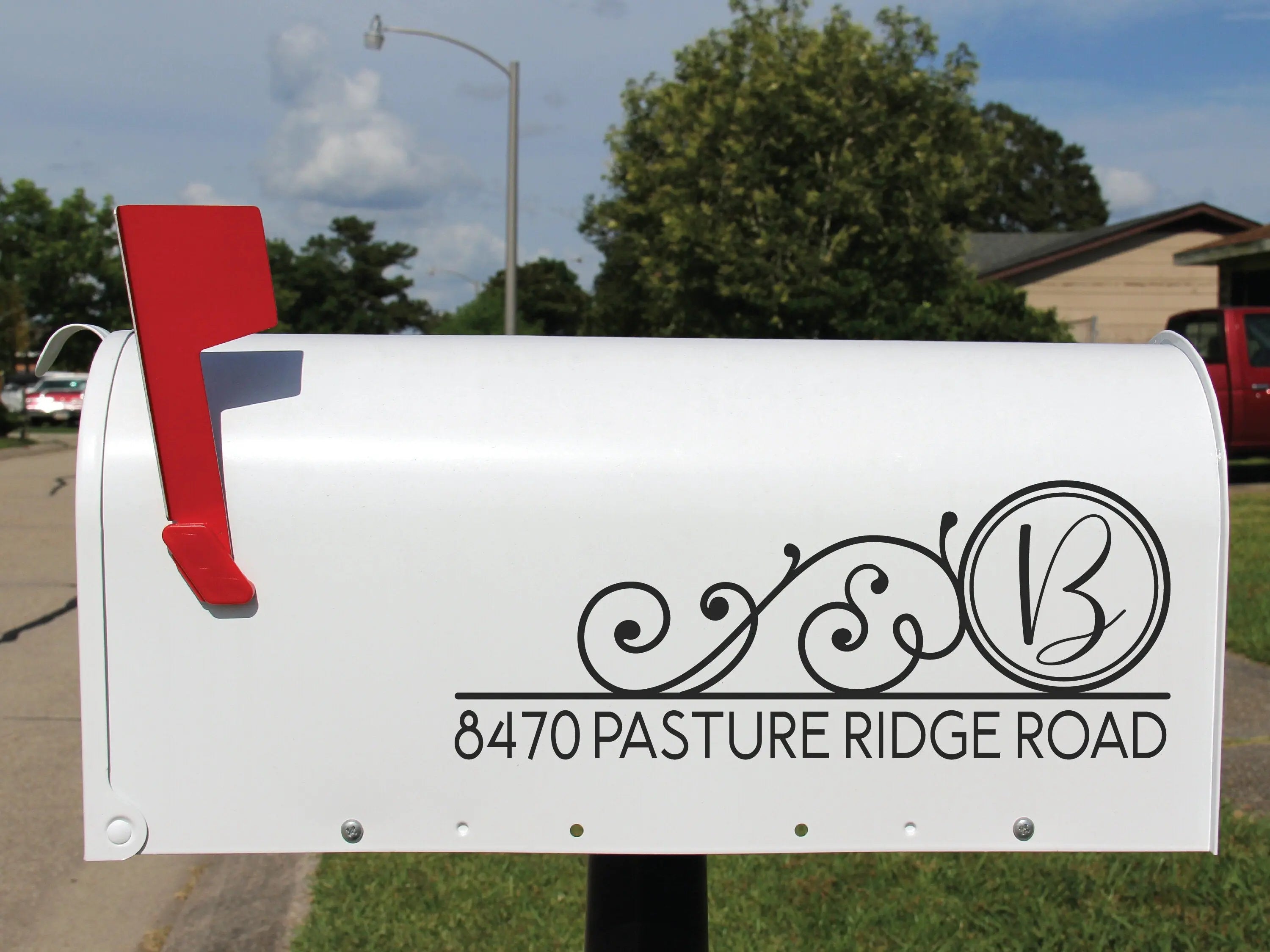 Vinyl address decals for mailboxes with initials and custom designs