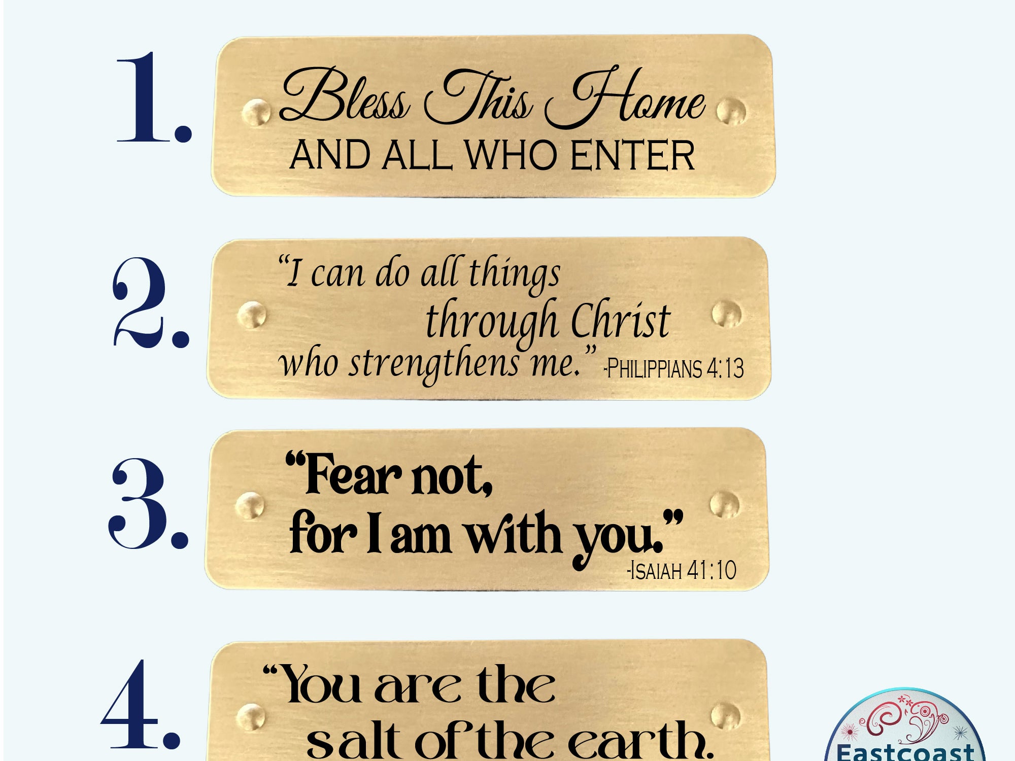 Selection of engraved Bible verse tags in brass, featuring multiple scripture options