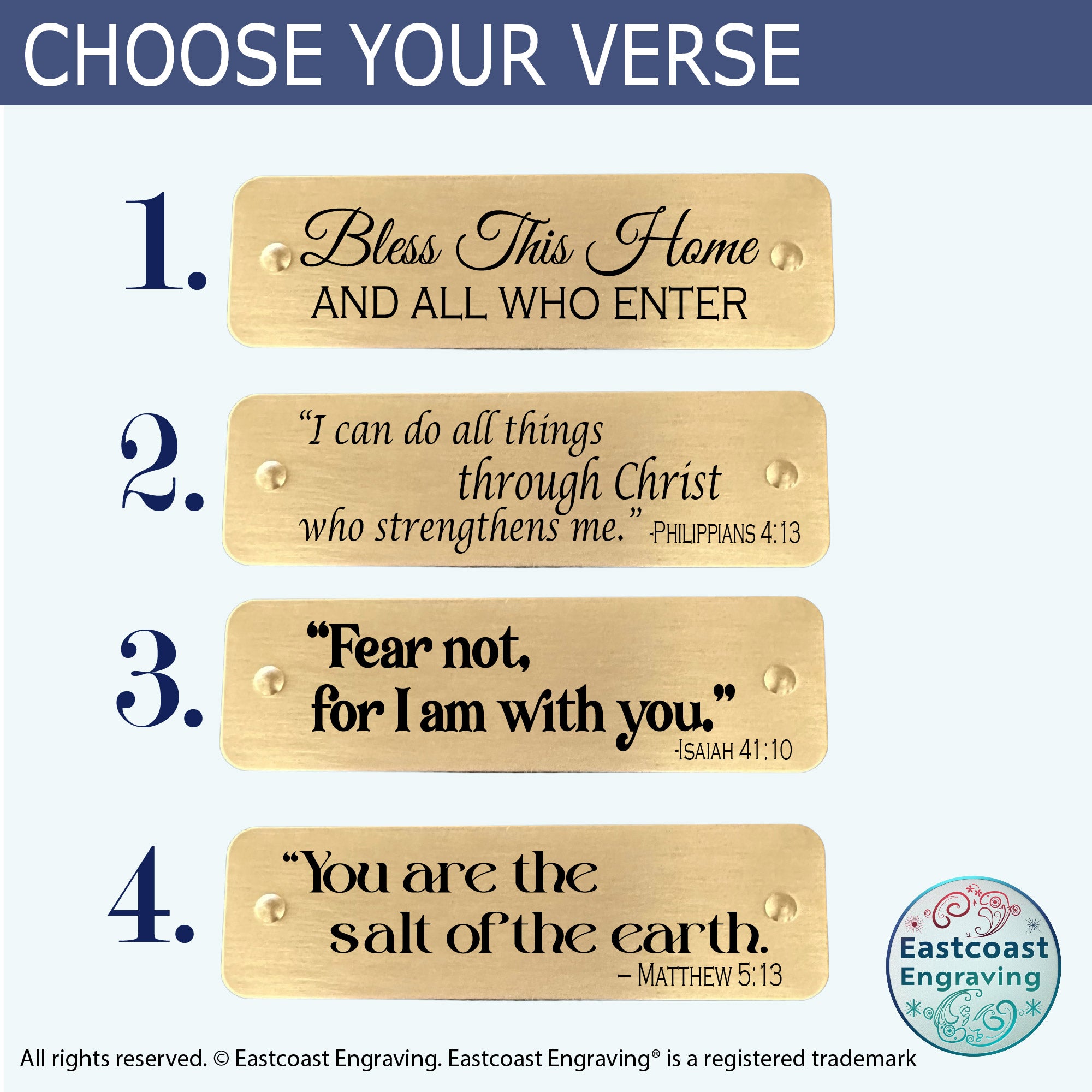 Selection of engraved Bible verse tags in brass, featuring multiple scripture options