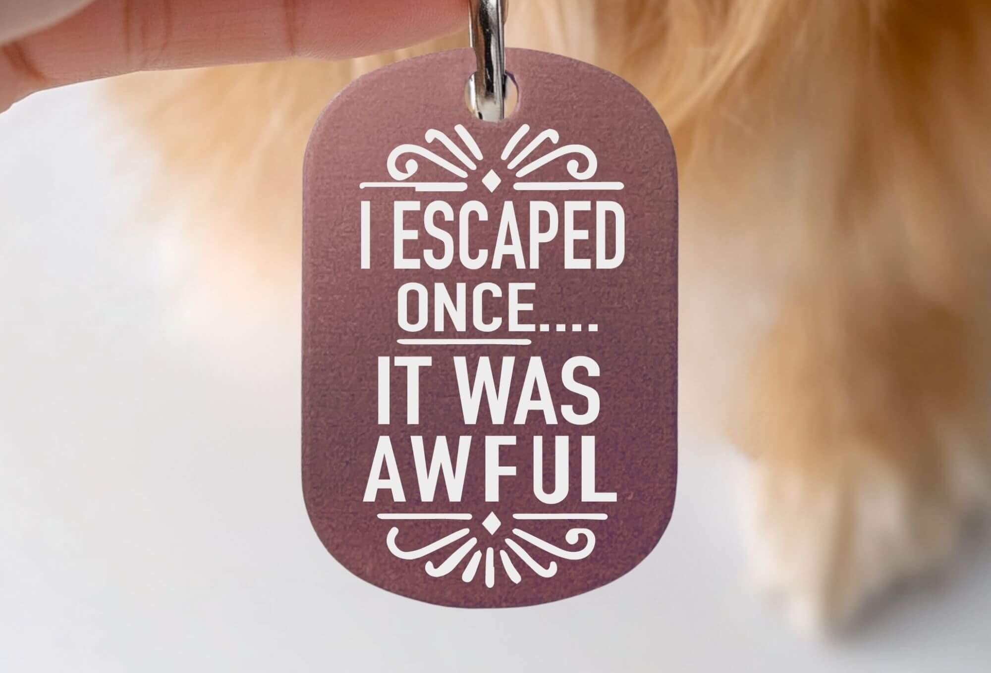 Engraved cat ID tags - Funny personalized cat collar tag 'I Escaped Once It Was Awful' in pink
