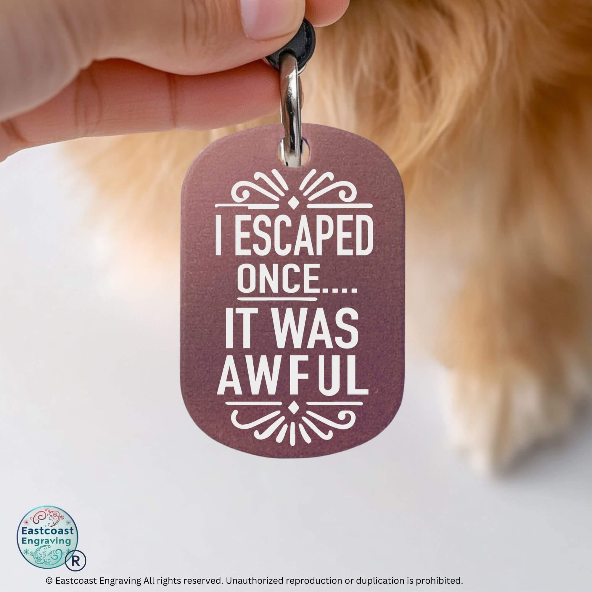 Engraved cat ID tags - Funny personalized cat collar tag 'I Escaped Once It Was Awful' in pink