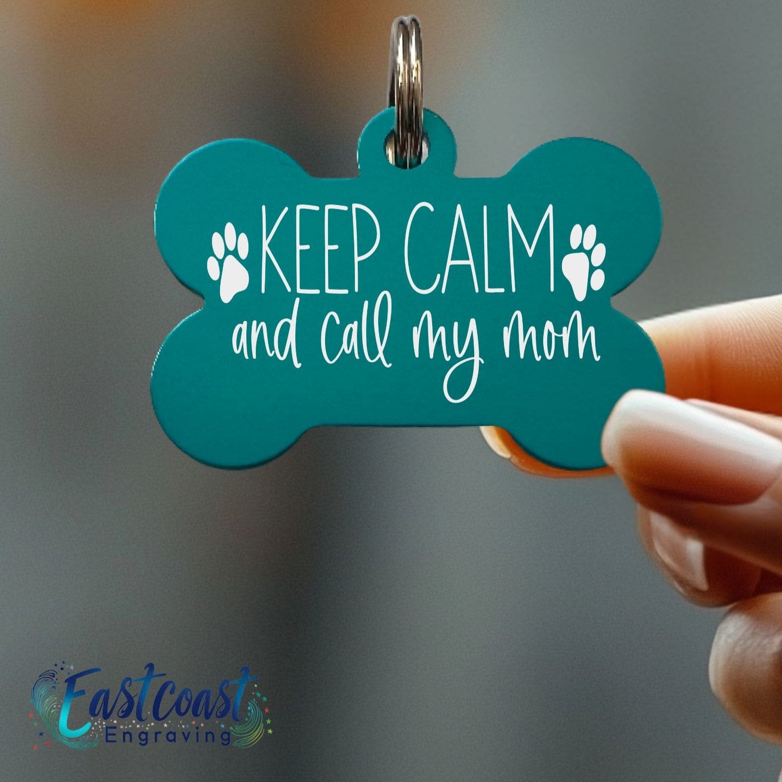 Funny dog collar tag - Custom engraved ID tag with 'Keep Calm and Call My Mom' saying