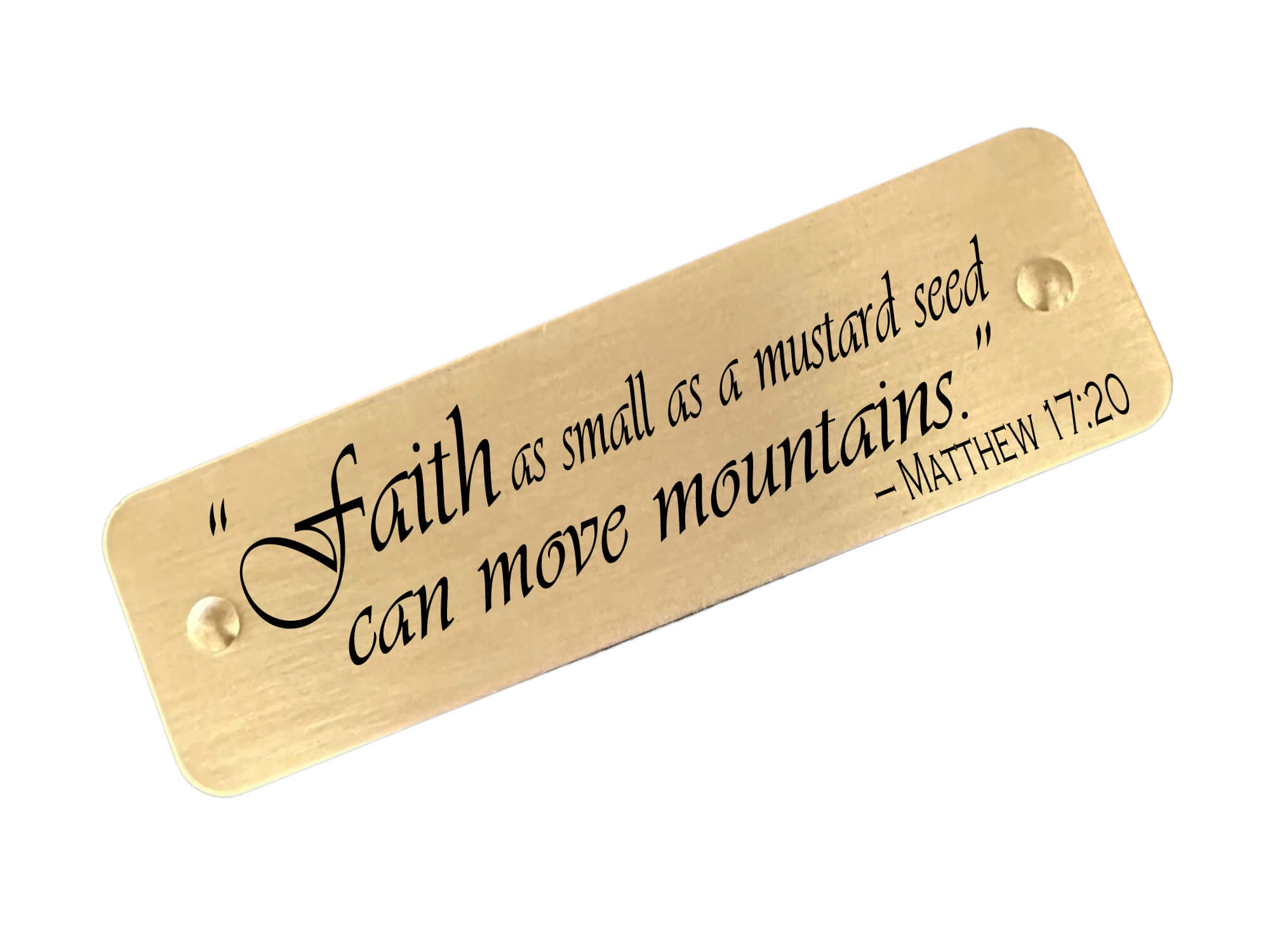 Laser-engraved scripture tag with Matthew 17:20 – Faith as small as a mustard seed
