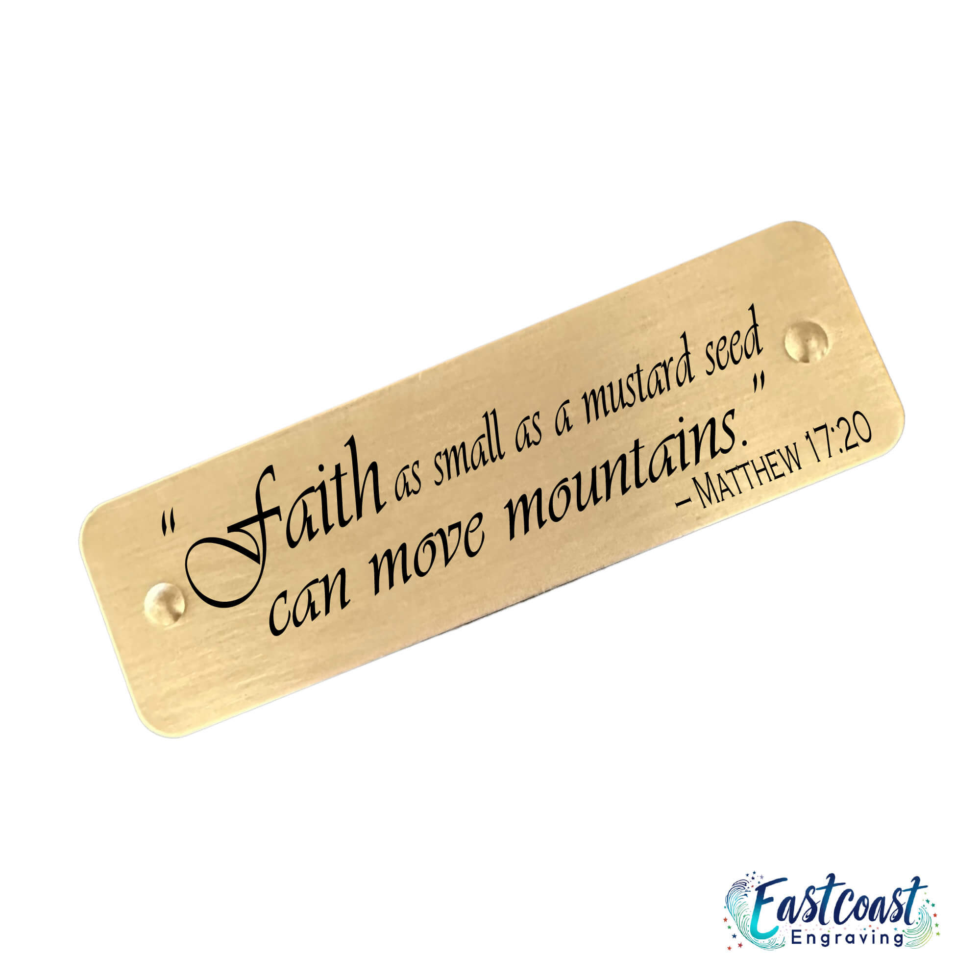 Laser-engraved scripture tag with Matthew 17:20 – Faith as small as a mustard seed