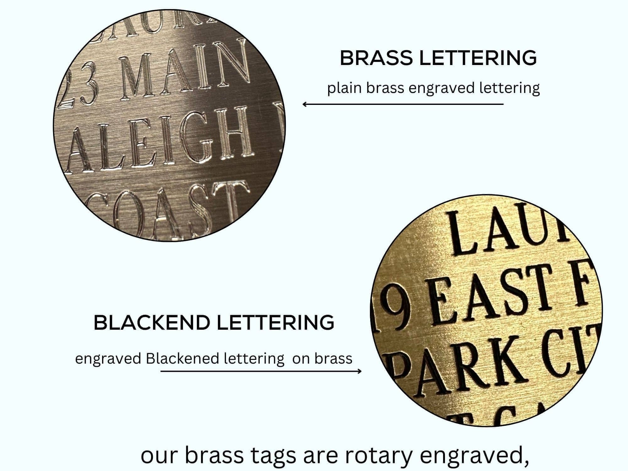 Custom engraved brass luggage tag with leather strap, perfect for travel or gifts.