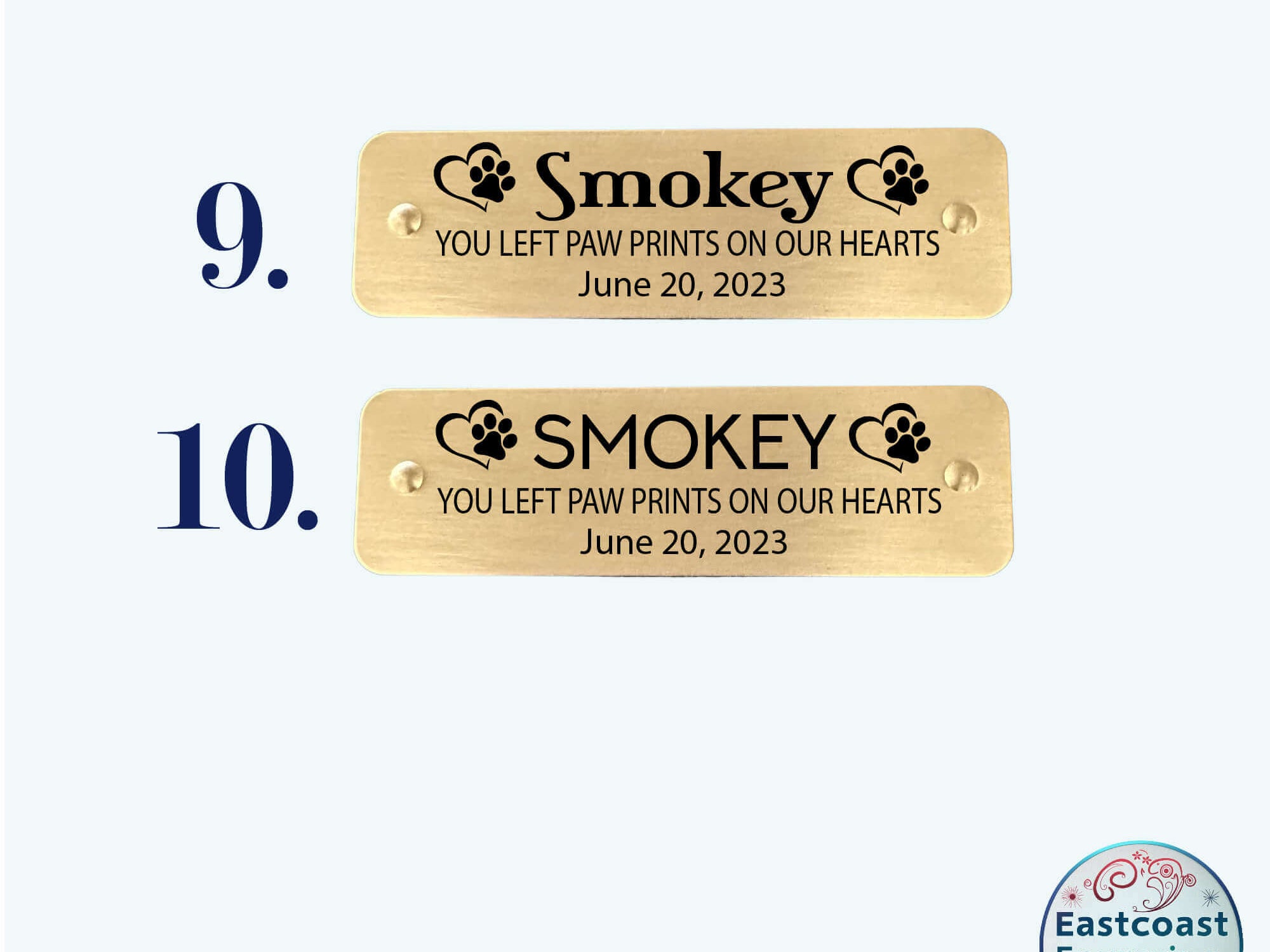 Engraved pet remembrance tag with strong adhesive backing for easy attachment to urns or keepsakes. By Eastcoast Engraving