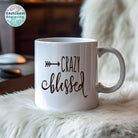 Faith-inspired vinyl sticker on a coffee mug – durable and waterproof for everyday use