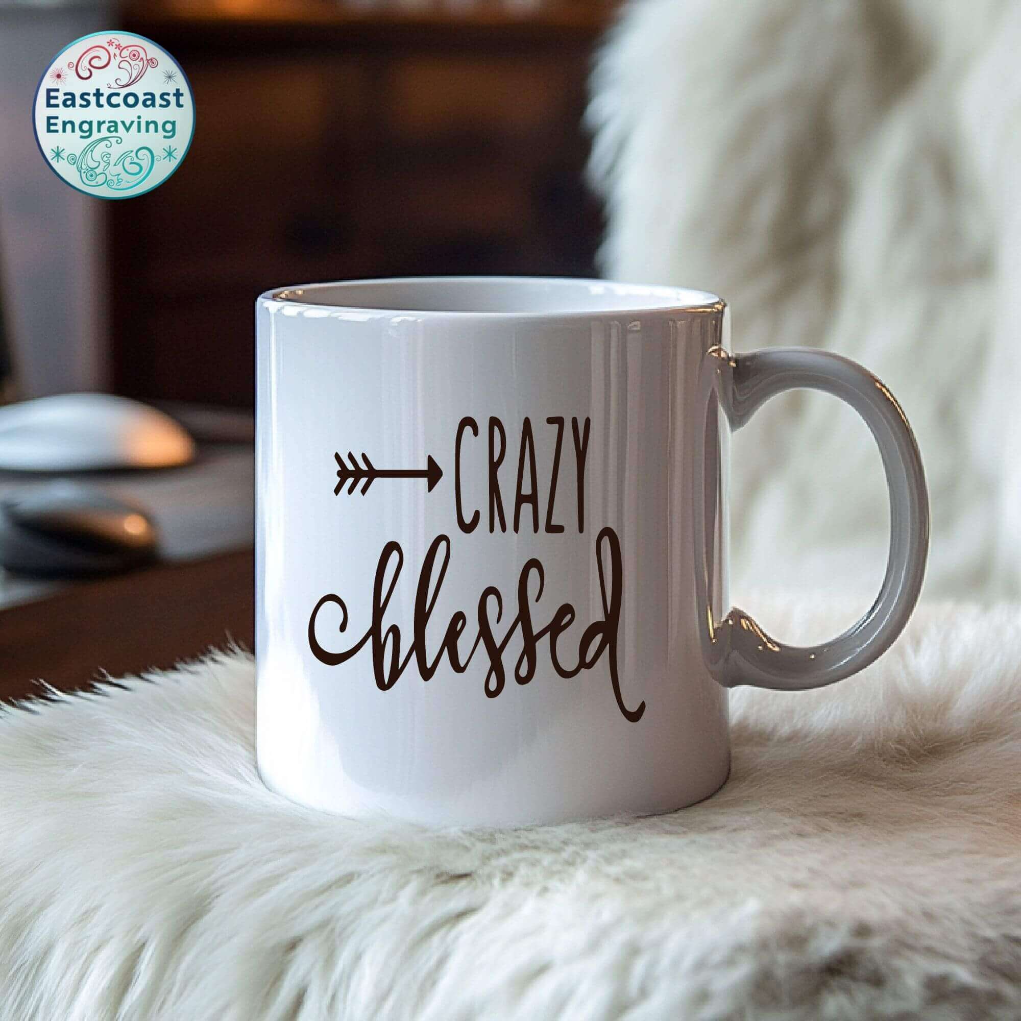 Faith-inspired vinyl sticker on a coffee mug – durable and waterproof for everyday use