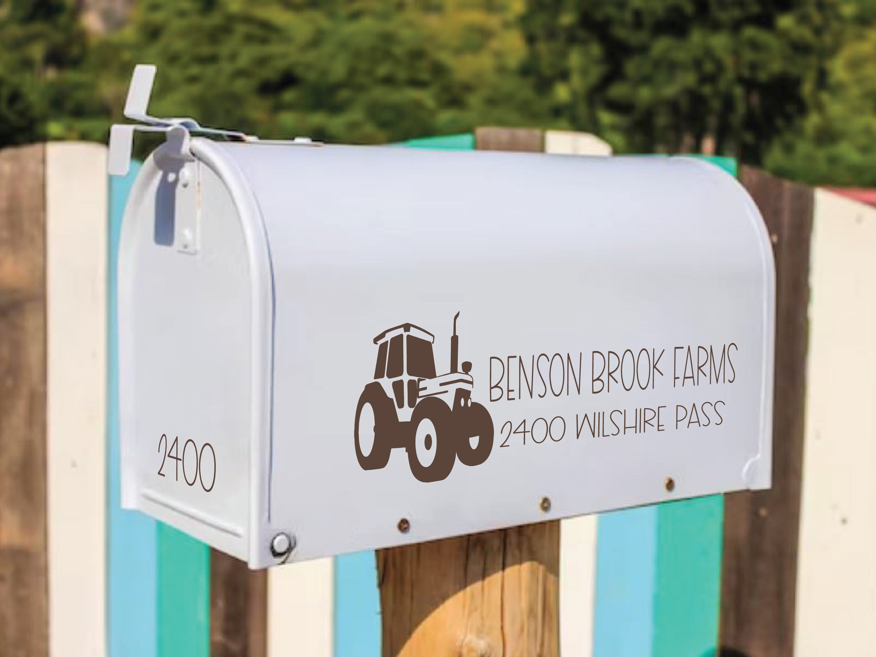 Custom farm mailbox decal with tractor icon and address - Eastcoast Engraving