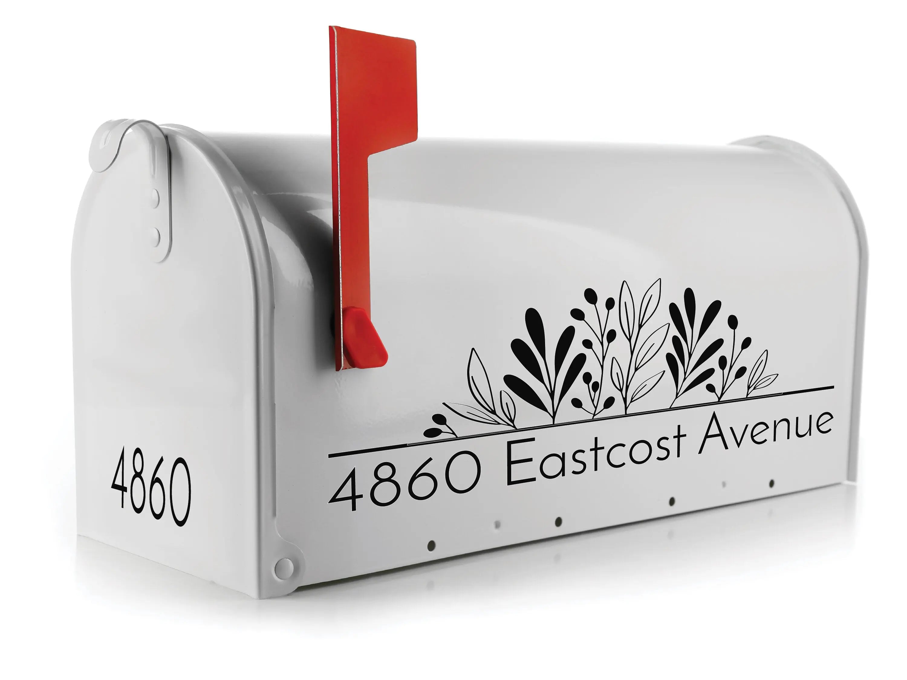 Floral mailbox decal personalized with name in white vinyl on white mailbox