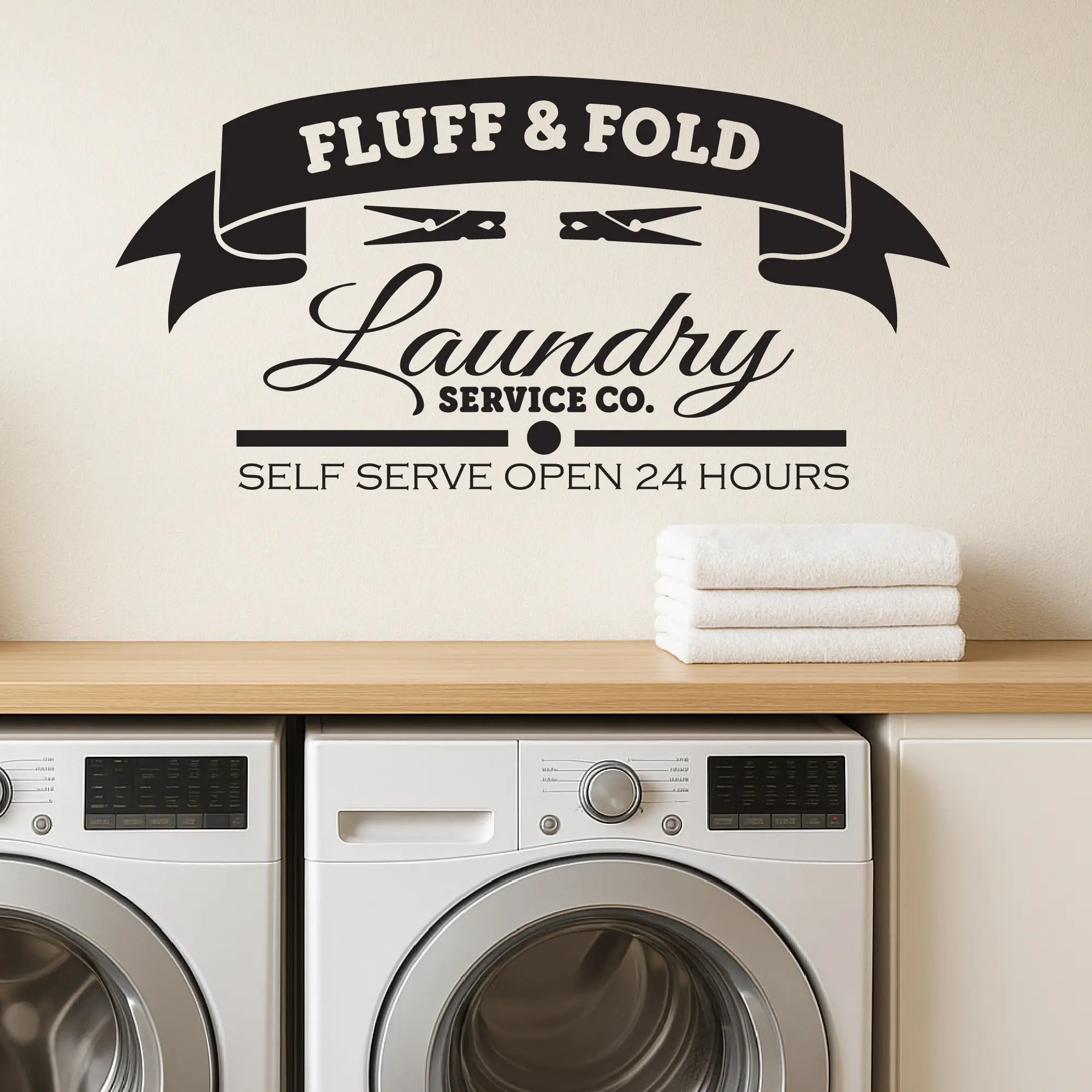 Fluff and Fold wall decal in modern laundry room setting