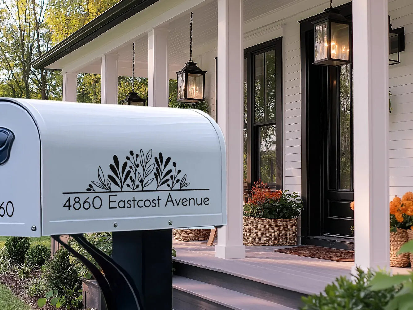 Full-size floral address decal with house number and decorative flower design