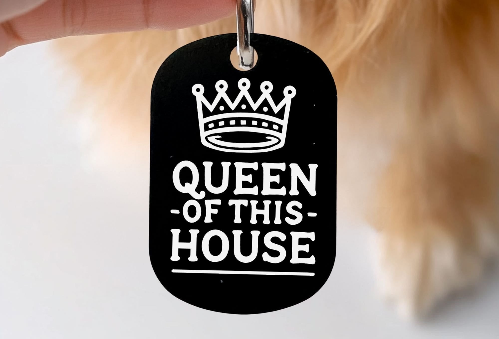 Funny cat ID tag - Queen of This House design, custom engraved cat collar tag in black