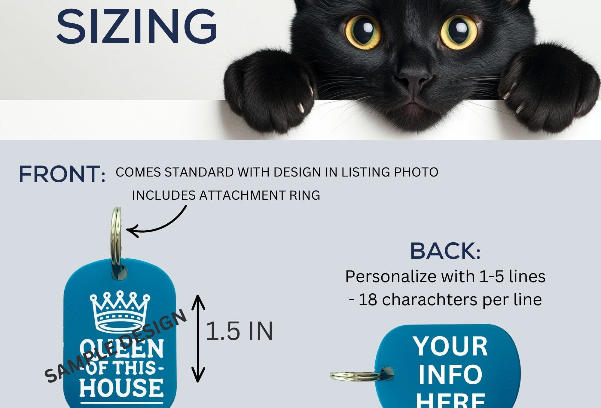 Funny cat ID tag size guide - engraved personalized cat collar tag dimensions