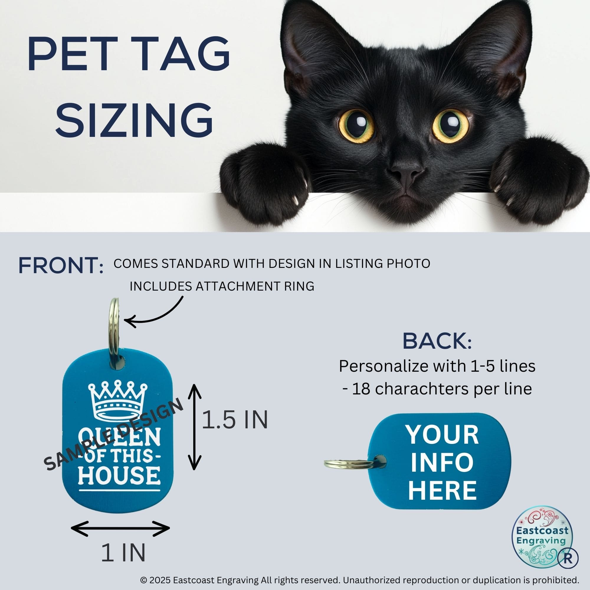 Funny cat ID tag size guide - engraved personalized cat collar tag dimensions