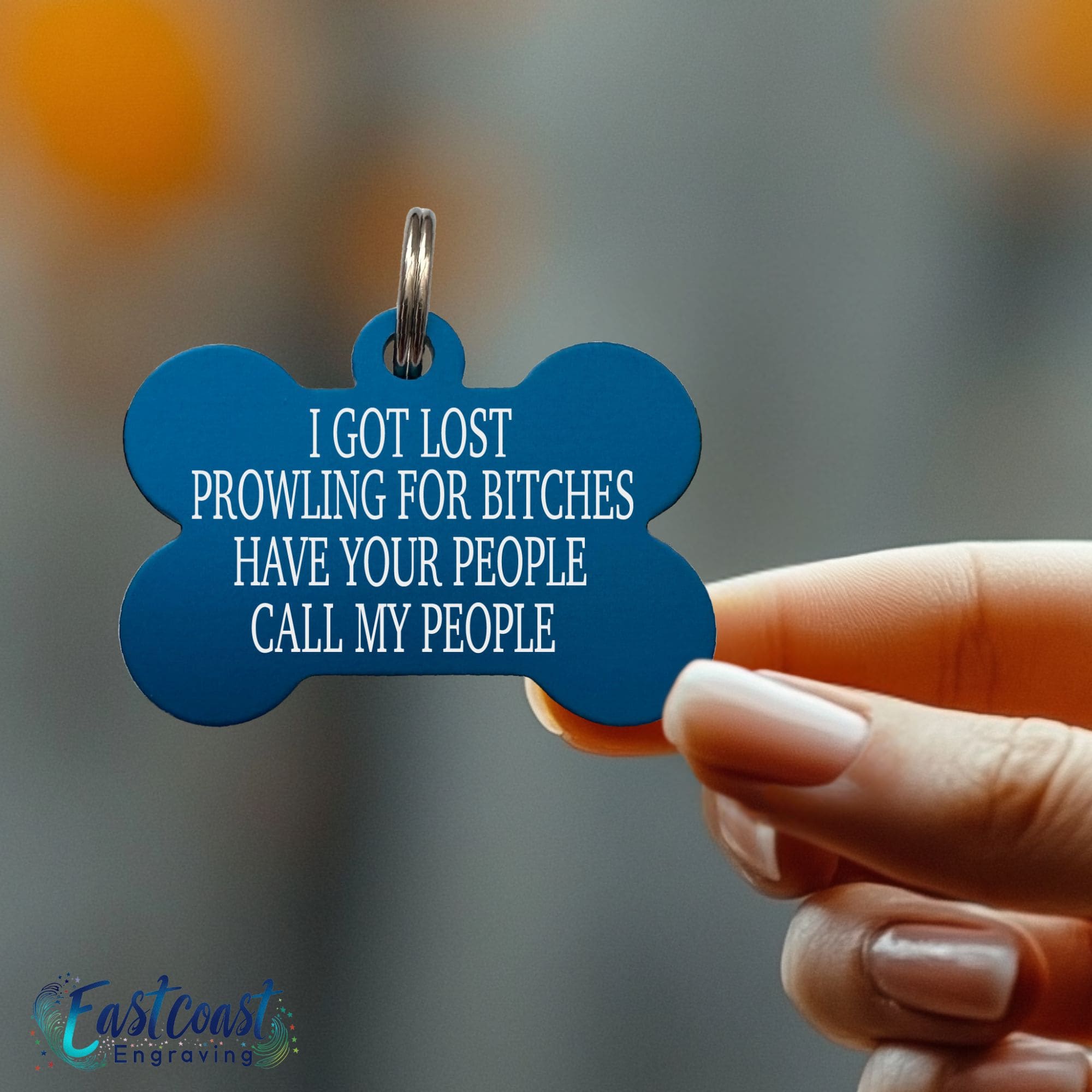 Personalized funny dog tag with "Prowling for Bitches" for stylish pets