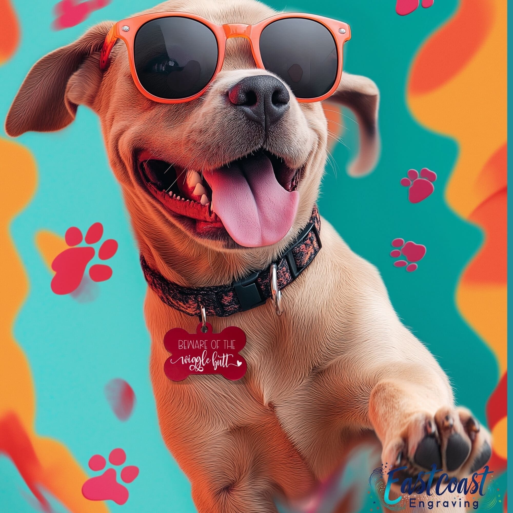 Custom engraved dog tag with 'Wiggle Butt' design in Red by Eastcoast Engraving