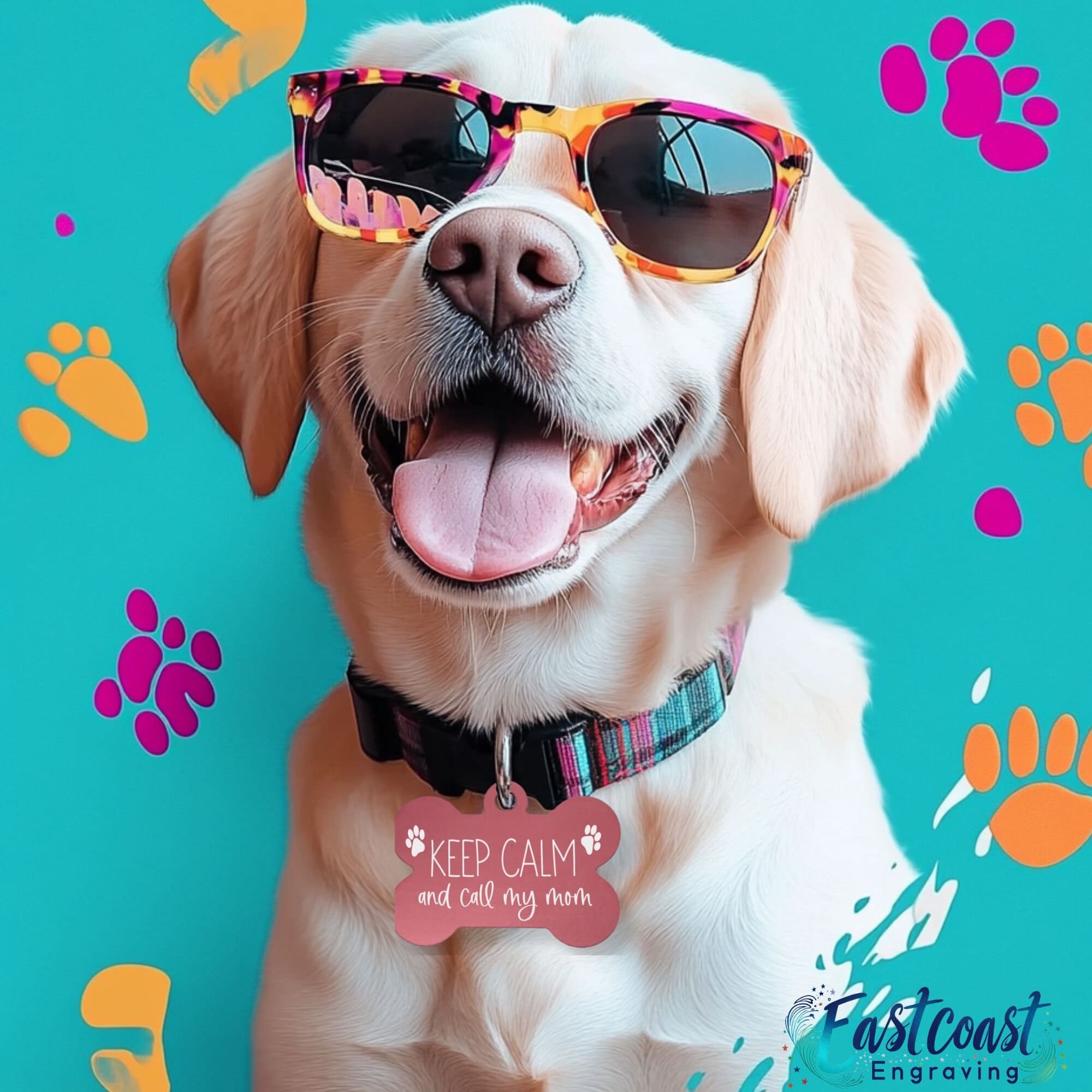 Funny dog collar tag with custom engraving - 'Keep Calm and Call My Mom' in bone shape