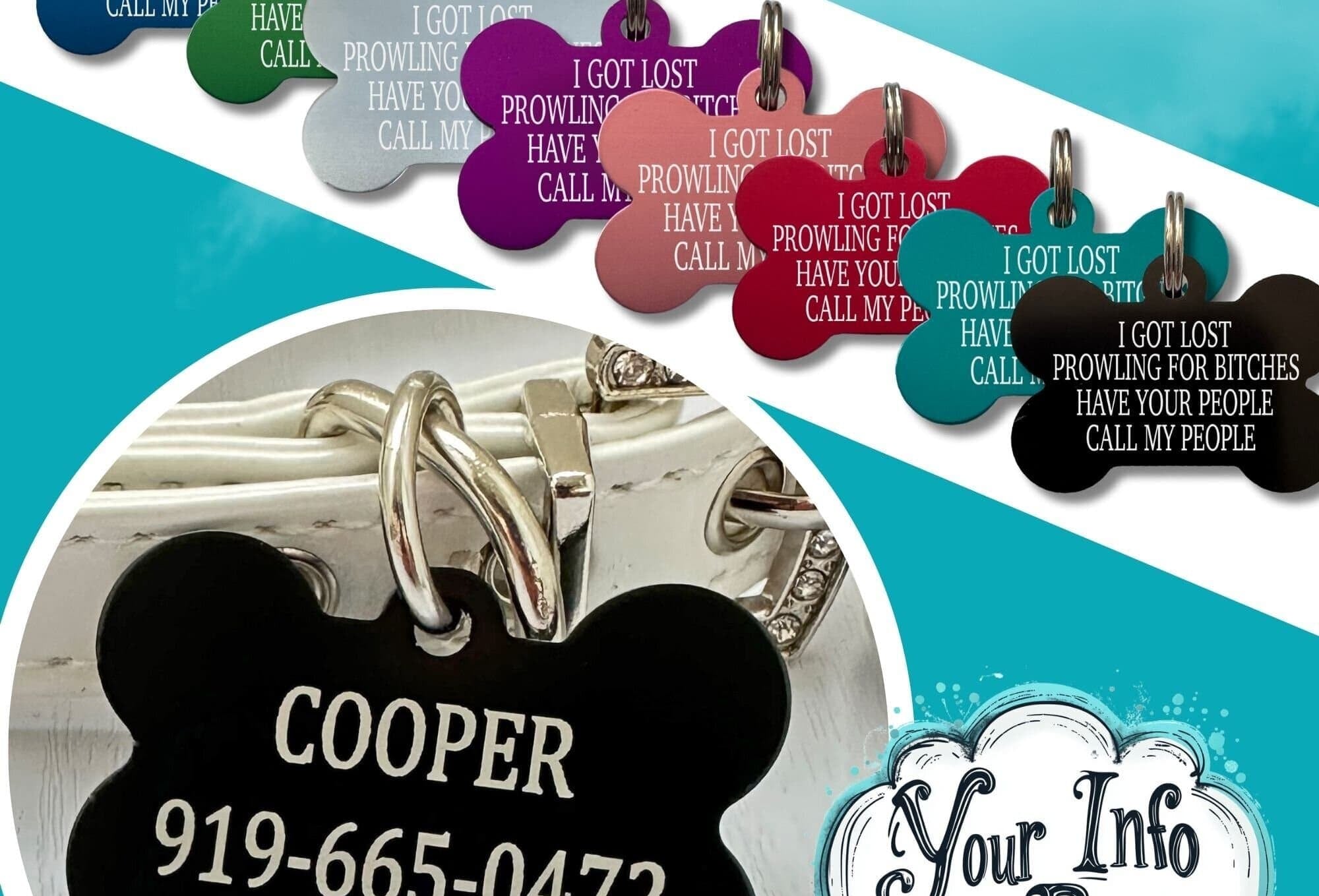 Funny engraved dog name tag with contact information – lightweight and rust-resistant