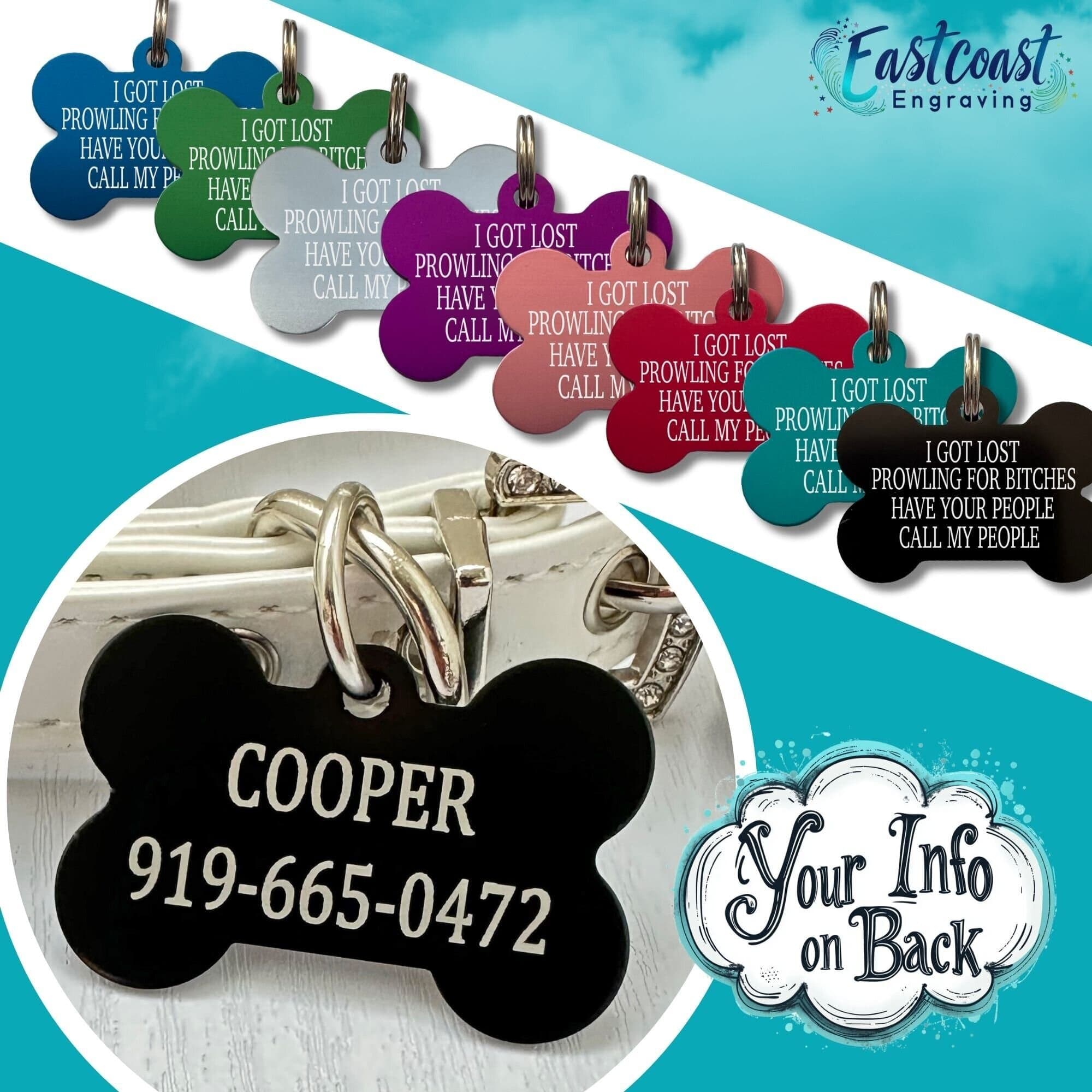 Funny engraved dog name tag with contact information – lightweight and rust-resistant