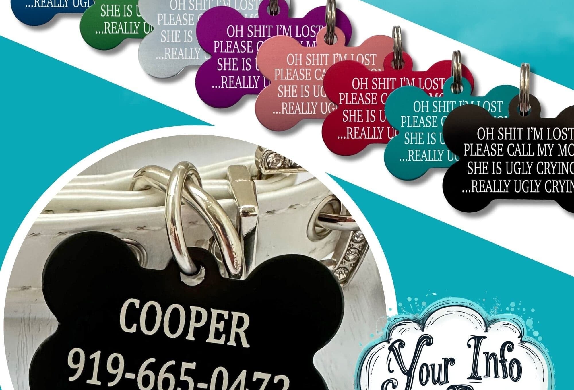 Engraved dog collar name tag - Customizable pet ID tag with 'Mom is Ugly Crying' on front
