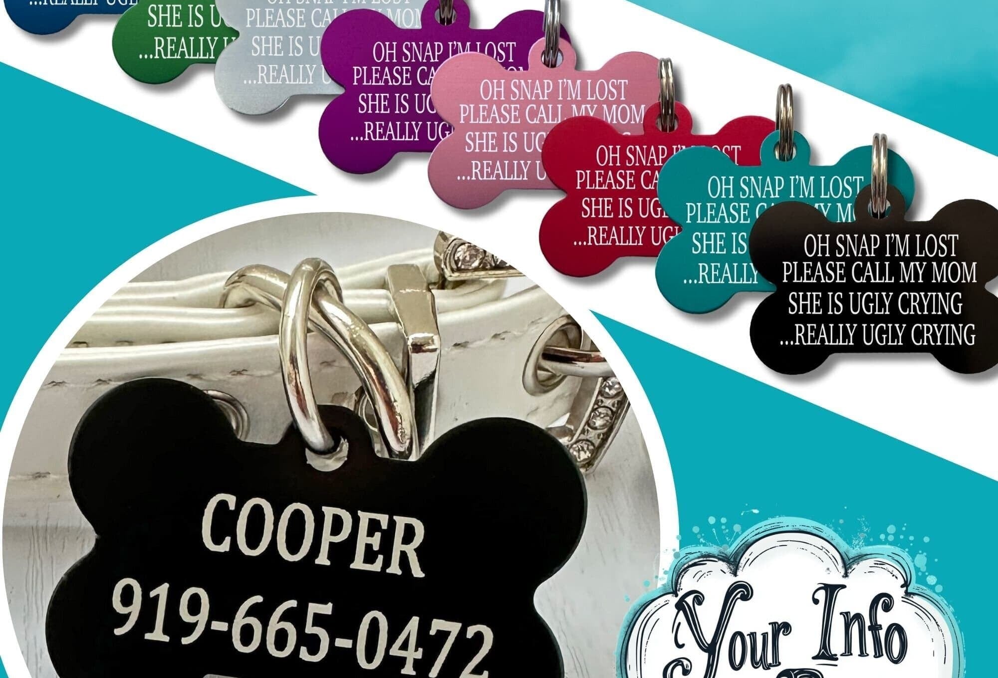 Engraved dog collar name tag - Personalized pet ID tag with 4 lines of custom text