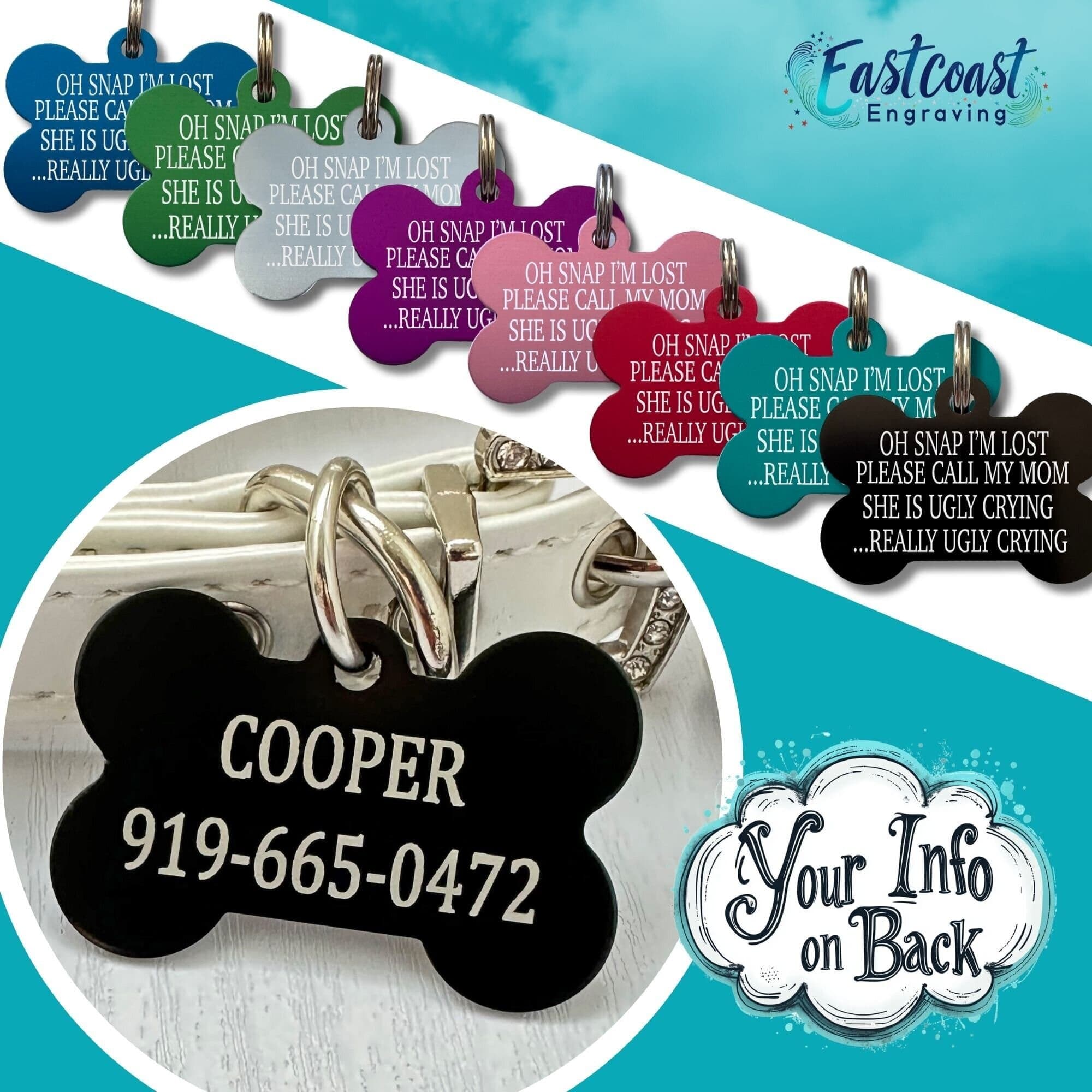 Engraved dog collar name tag - Personalized pet ID tag with 4 lines of custom text