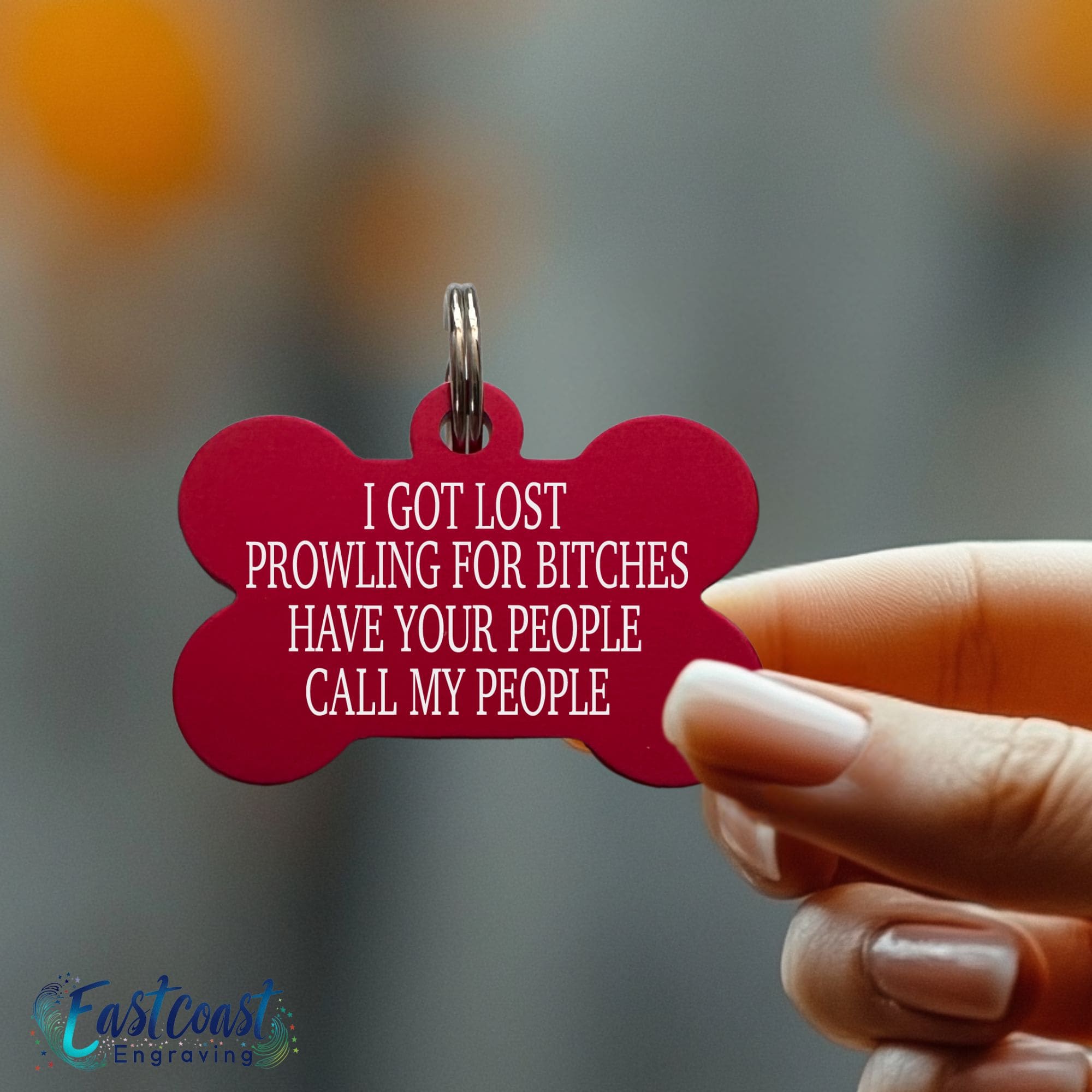 Unique engraved dog collar tag with "Prowling for Bitches" quote