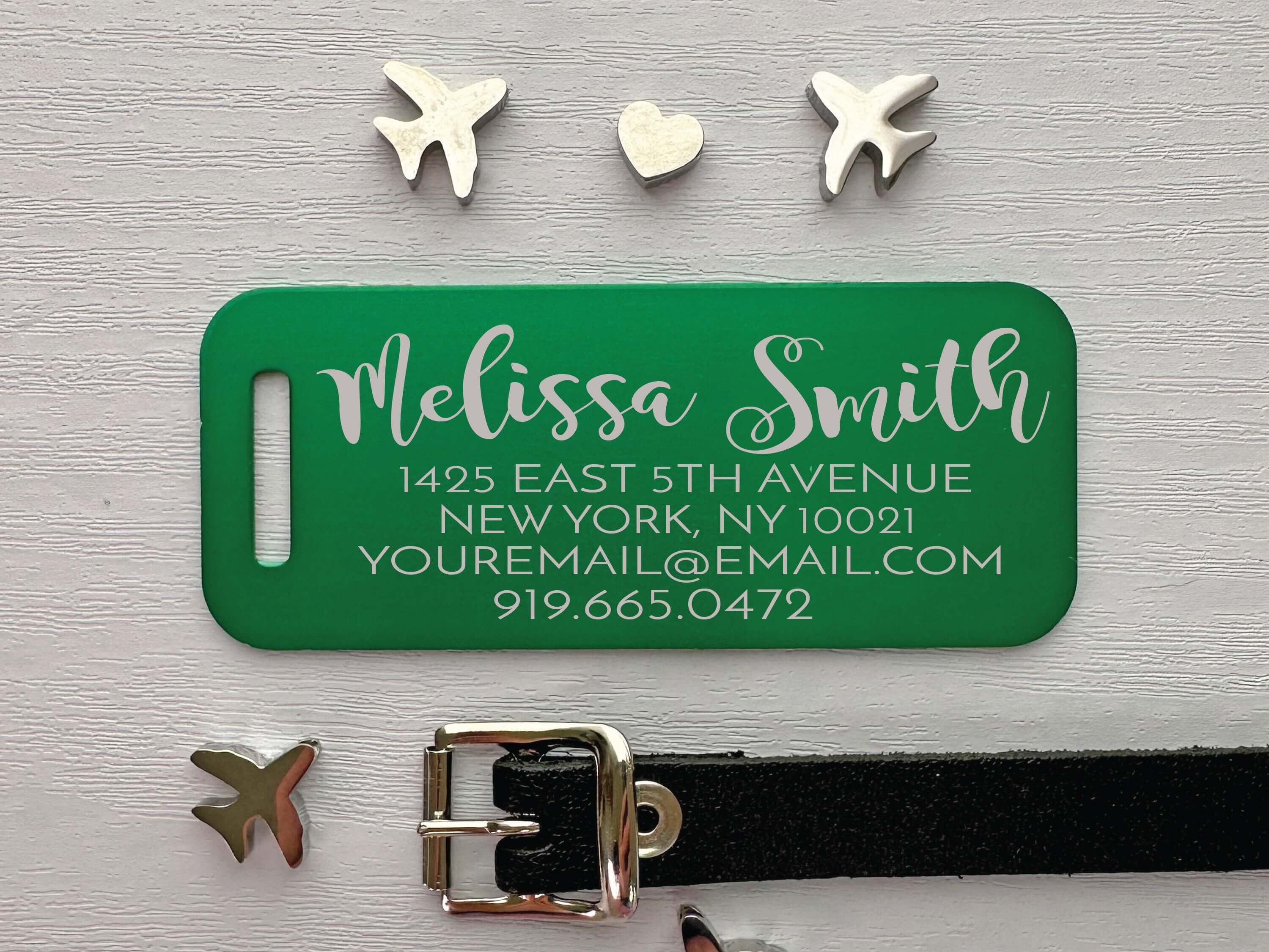 Green engraved luggage name tag made of aluminum for durable travel use