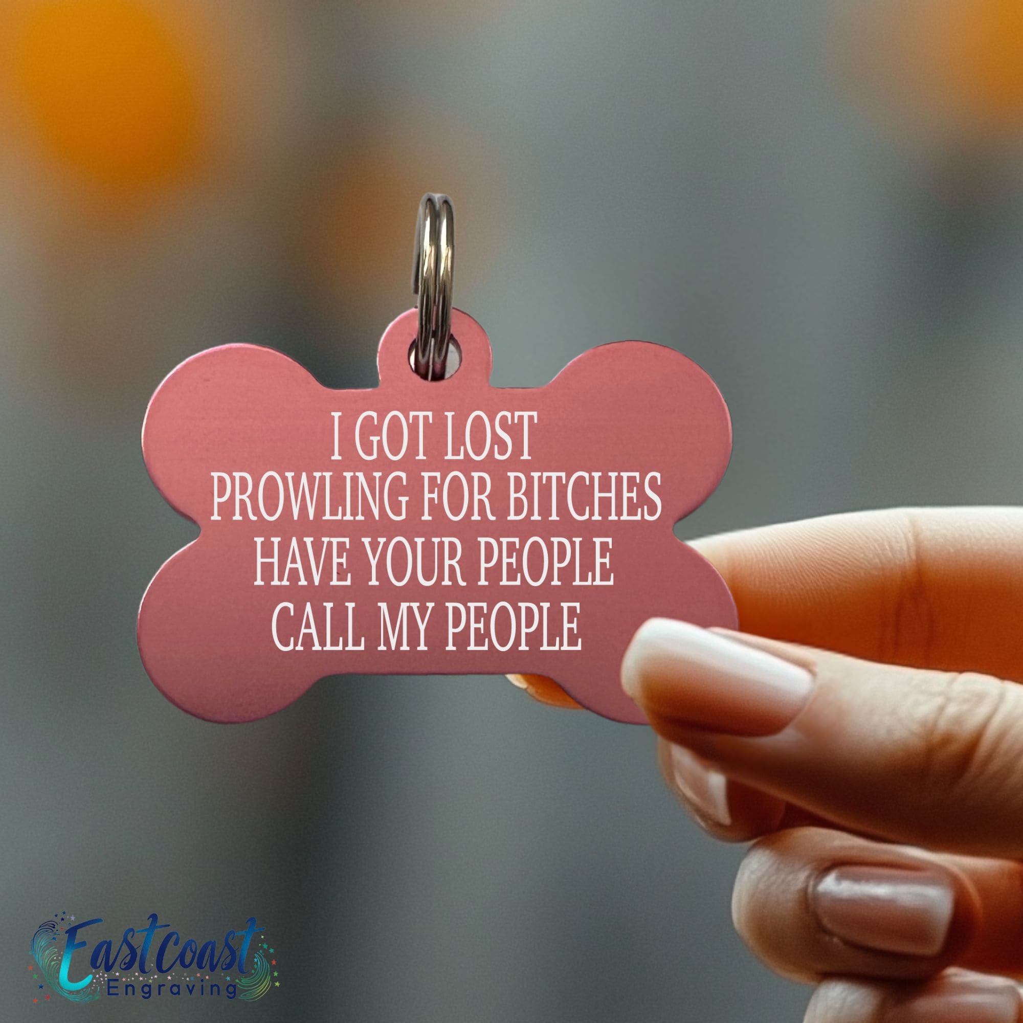 Funny custom pet ID tag for dogs with "Prowling for Bitches" design