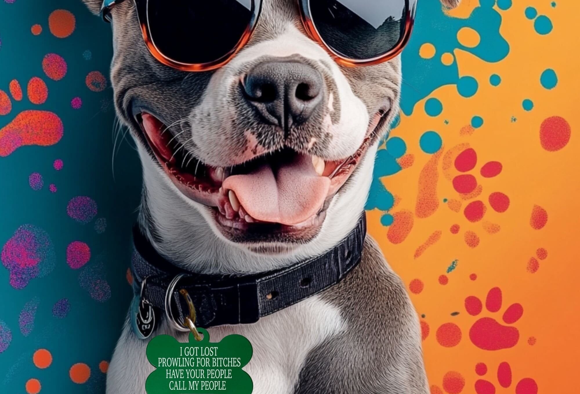 Funny pet ID tag with vibrant colors – engraved dog tag