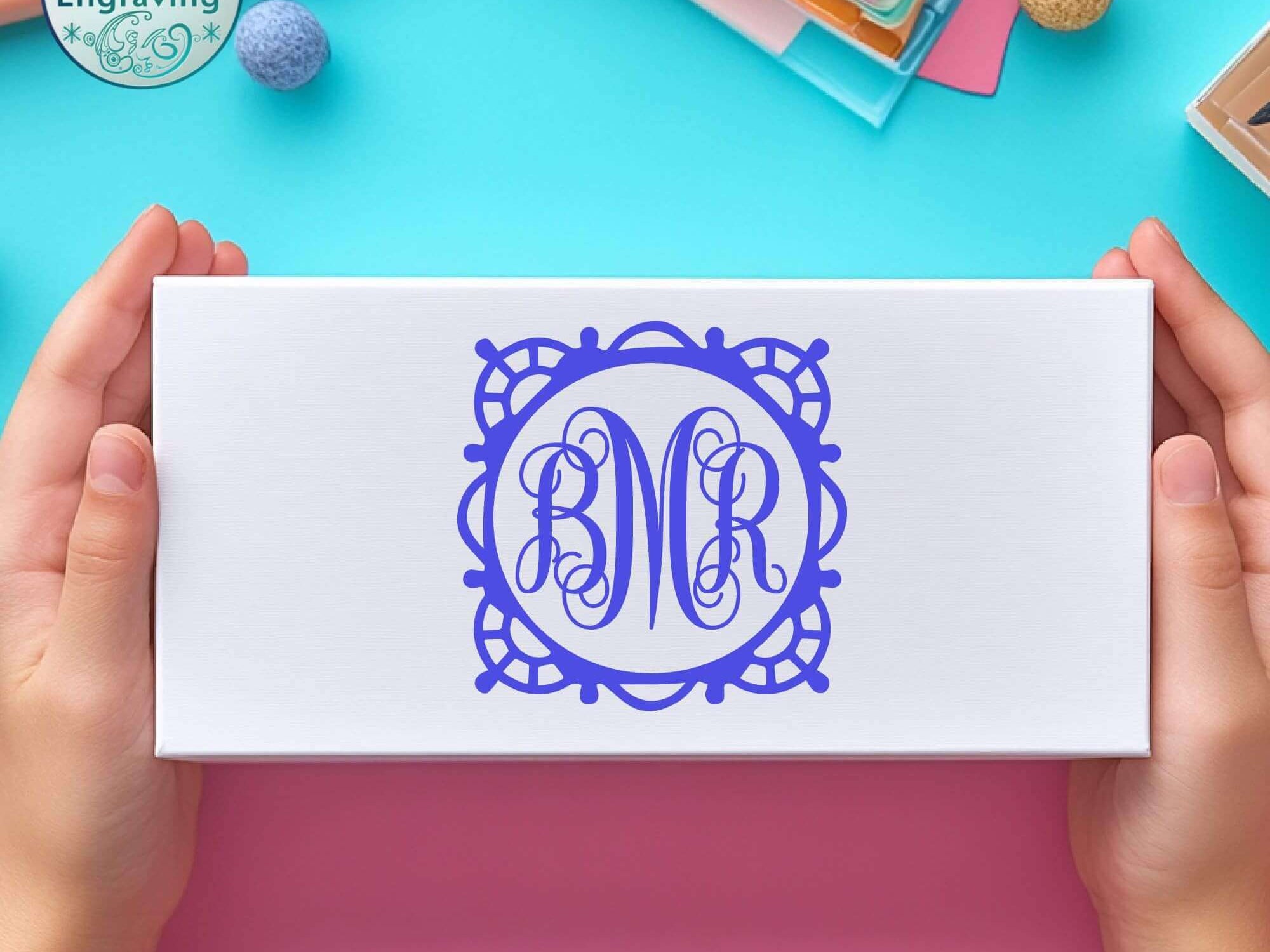 Initials vinyl decal on a gift box – stylish custom name sticker
