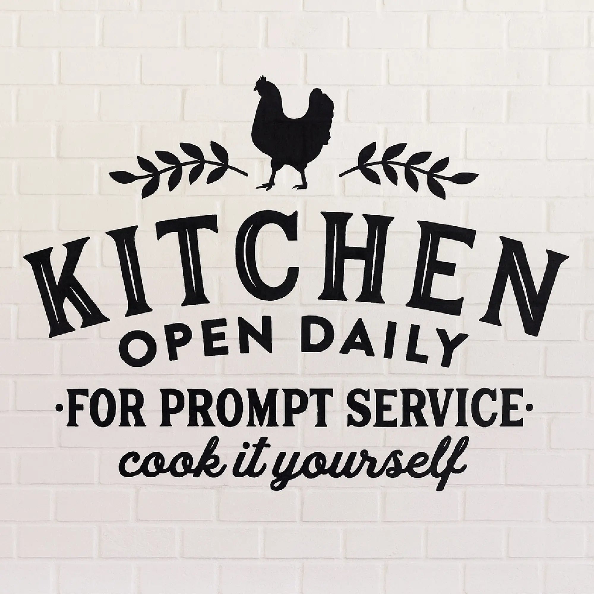 Kitchen Open Daily removable wall decal on white tile backsplash