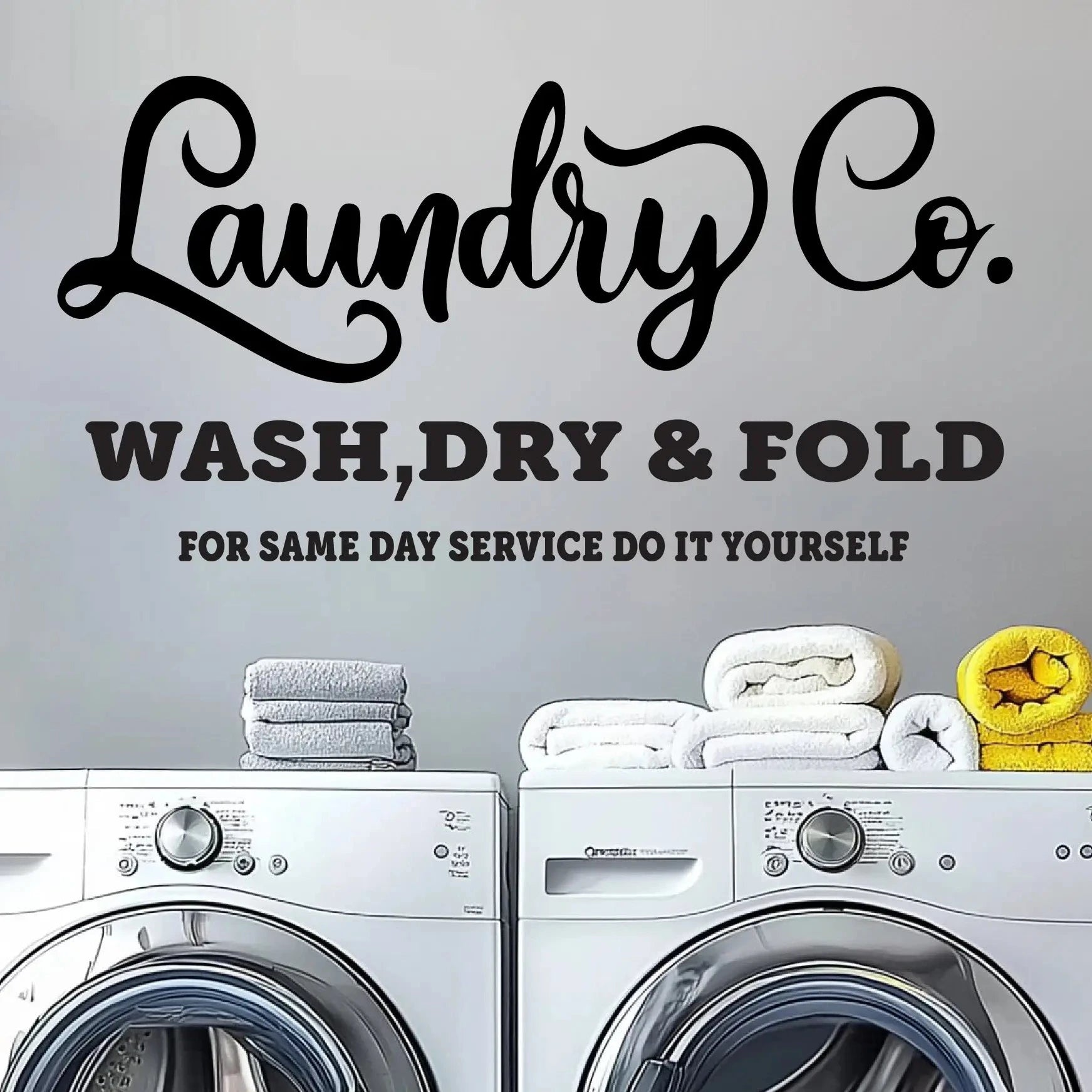 Laundry Co. Wash Dry Fold decal above washer and dryer setup