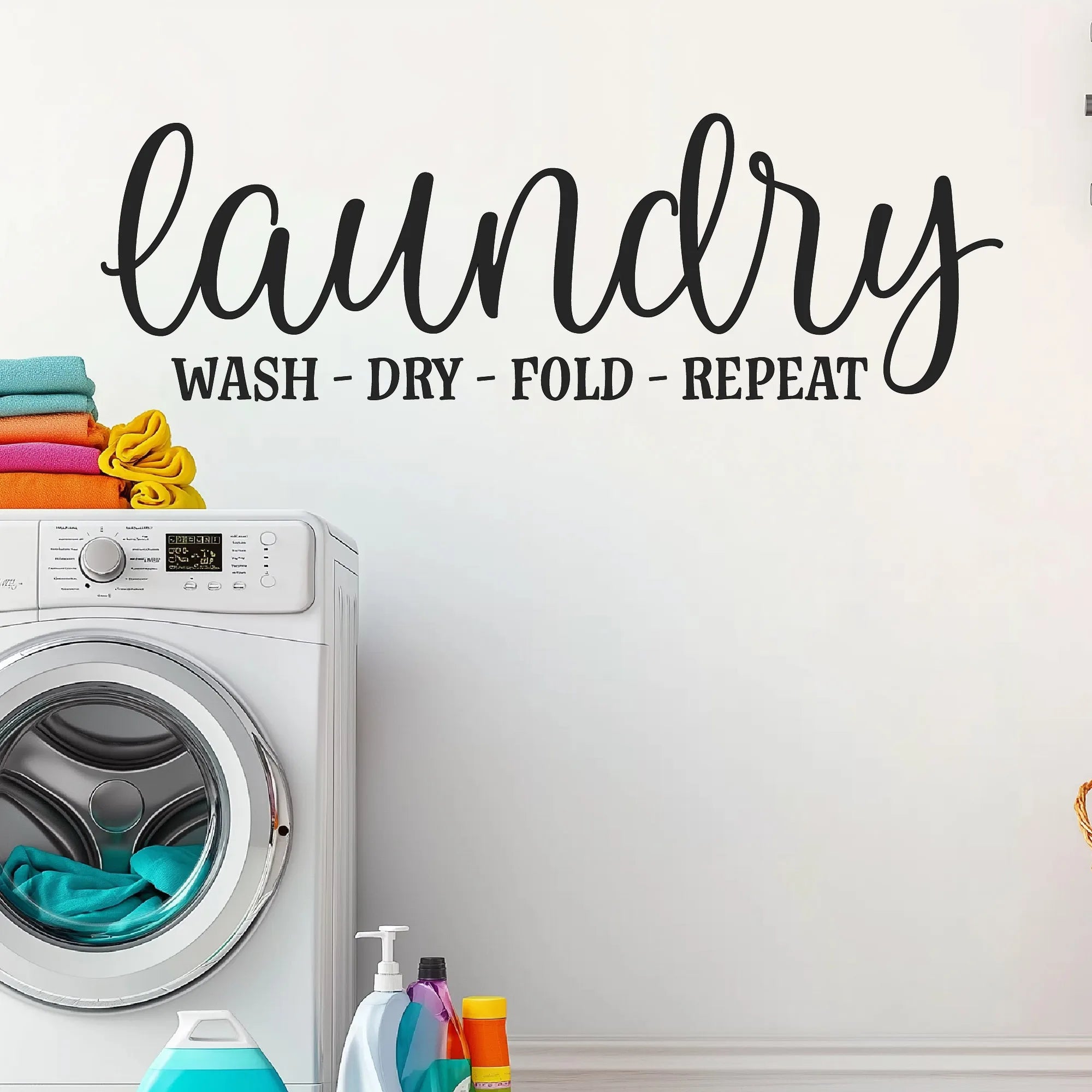 Elegant laundry wall decal with Wash Dry Fold Repeat script design